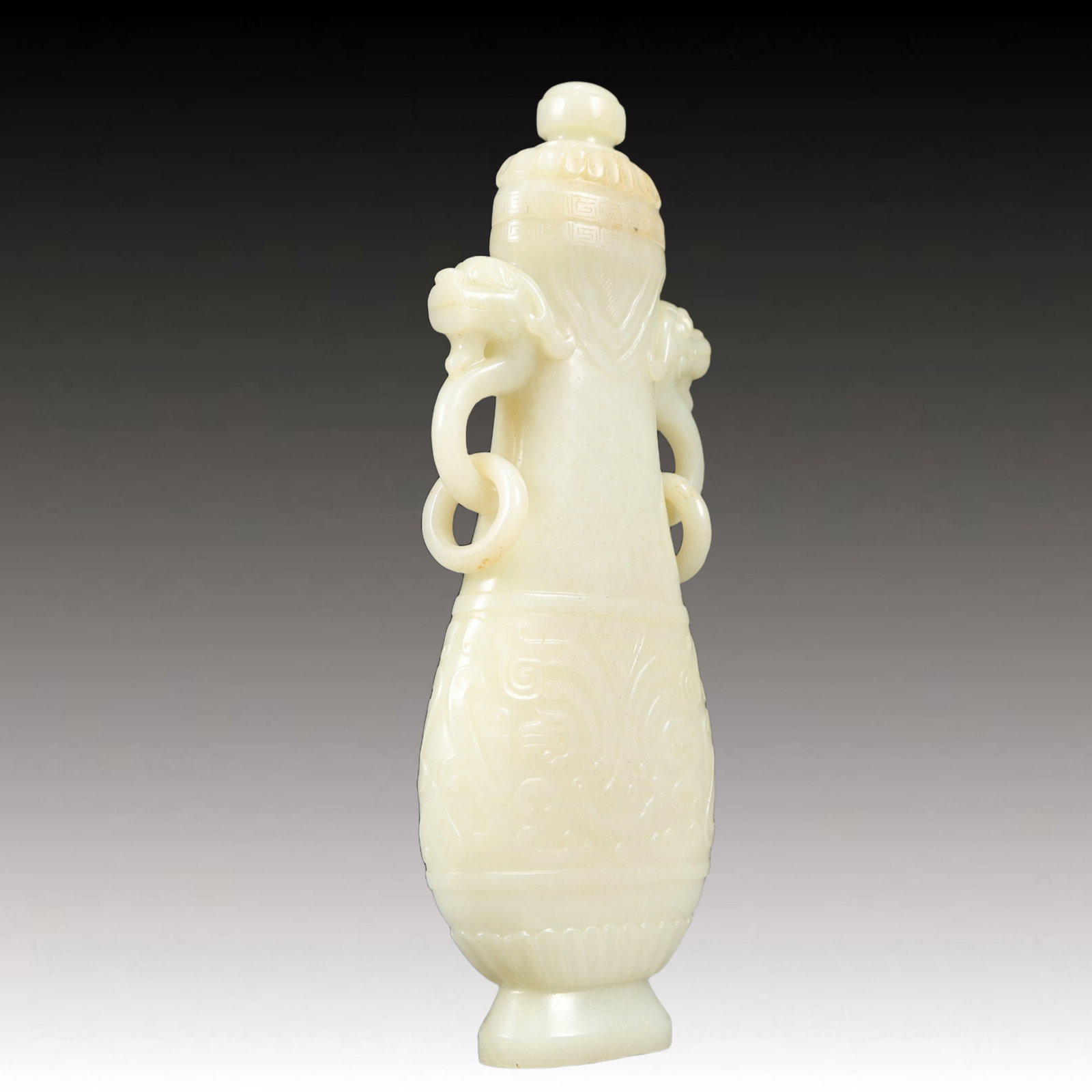 An Exquisite White Jade Beast-Face Pattern Dragon-Ears Bottle - 5