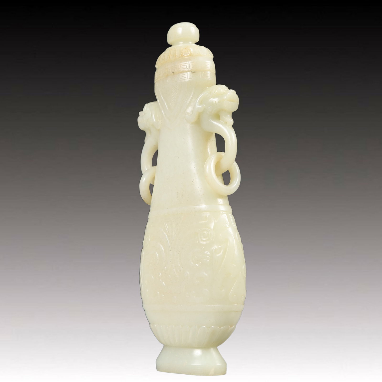 An Exquisite White Jade Beast-Face Pattern Dragon-Ears Bottle - 8
