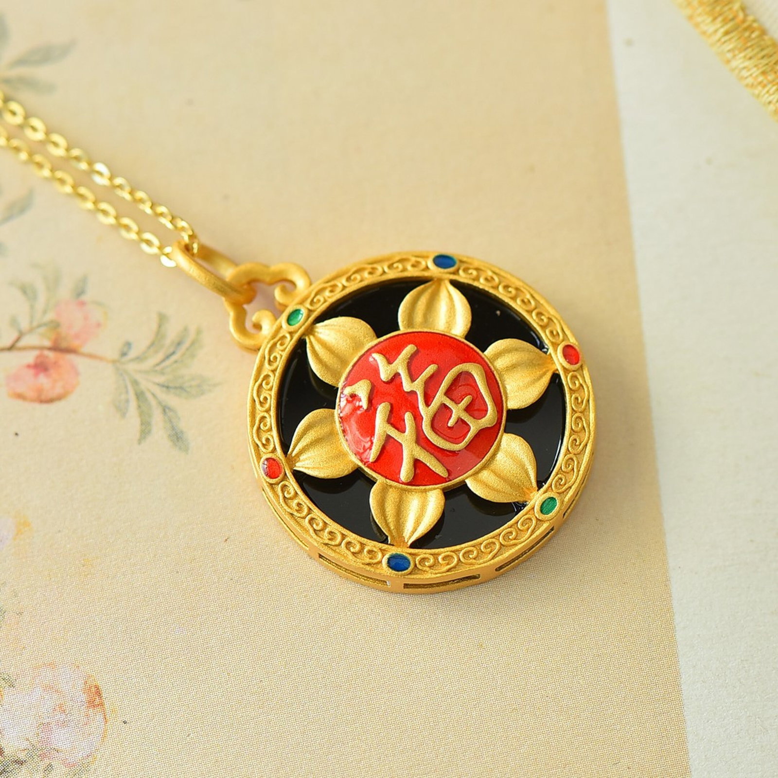 An Exquisite Sterling Silver-Gold Plated Inlaid Black Jade Pendant - 4