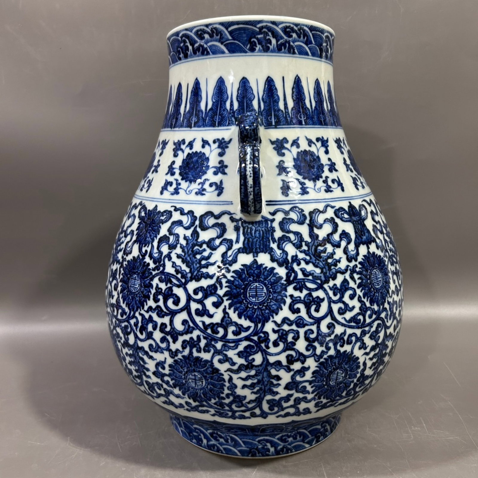 A Rare Blue and White Lotus and Eight Treasures Pattern Double-Ears Vase - 2