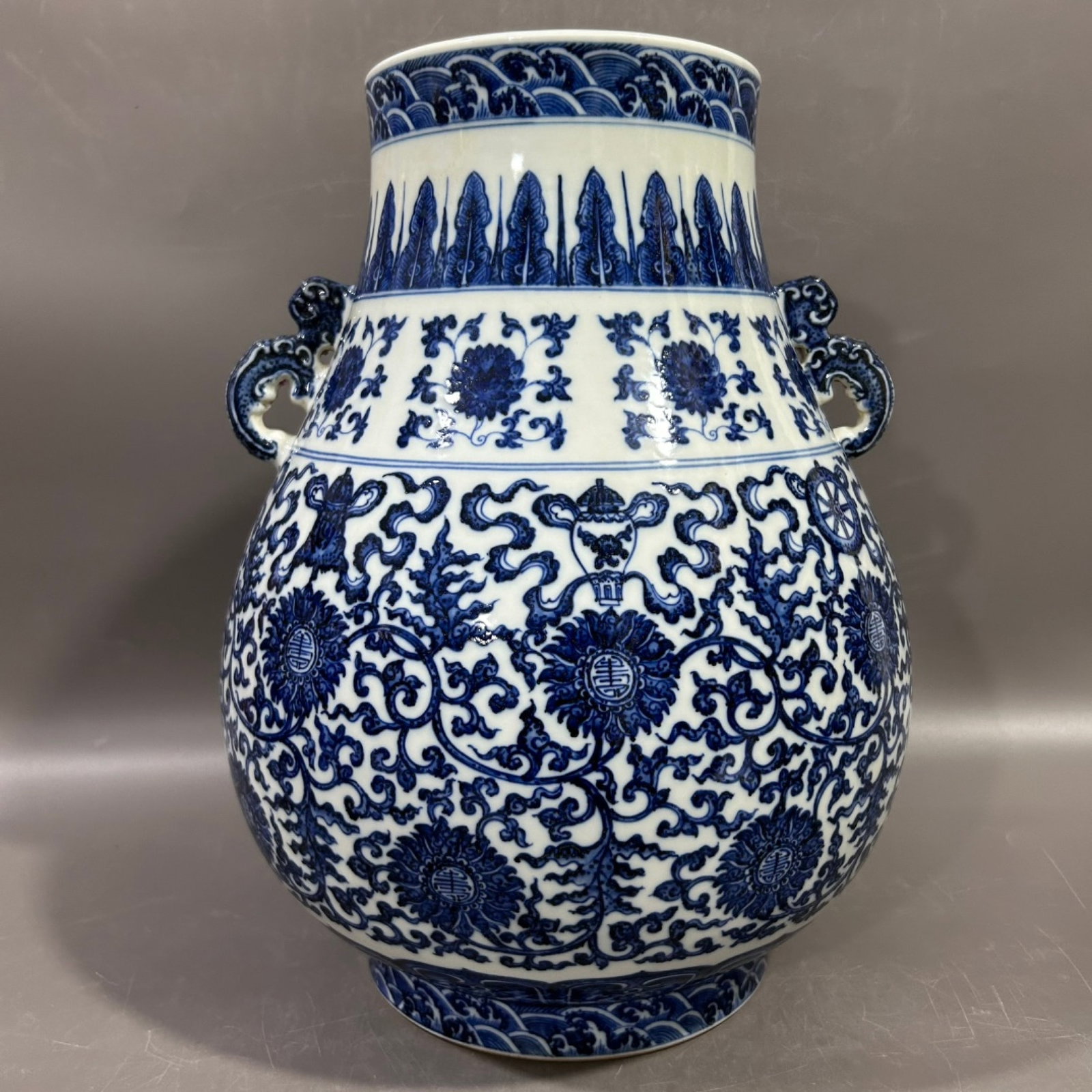 A Rare Blue and White Lotus and Eight Treasures Pattern Double-Ears Vase - 3