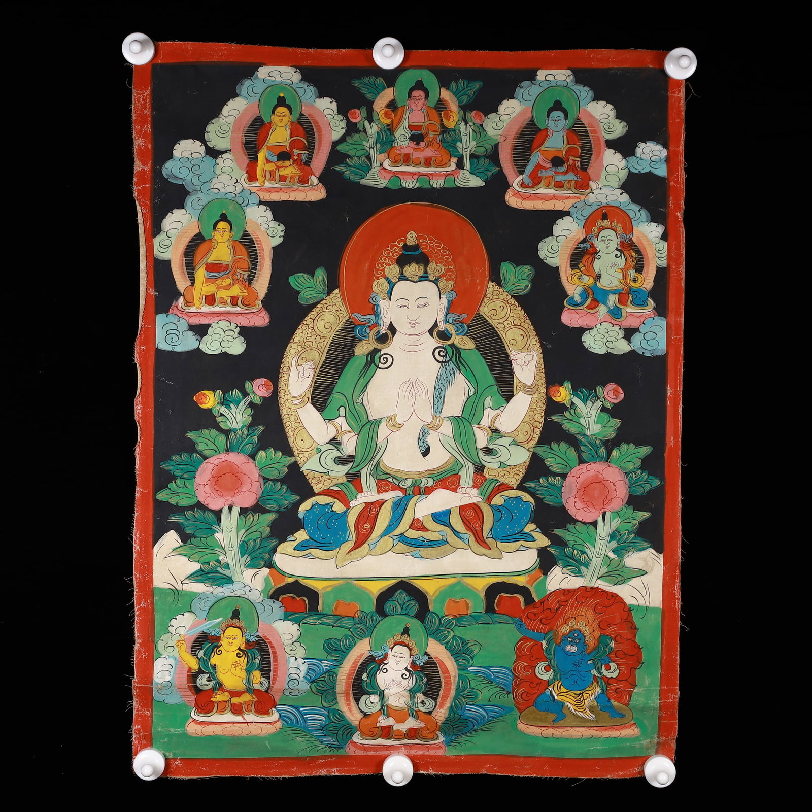 A Rare Painted Color Statue of Four-Armed Guanyin Tangka: Estimated Value:4000-6000 A Rare Painted Color Statue of Four-Armed Guanyin Tangka,Qing Dynasty, China,Size:19.9inx26.6in