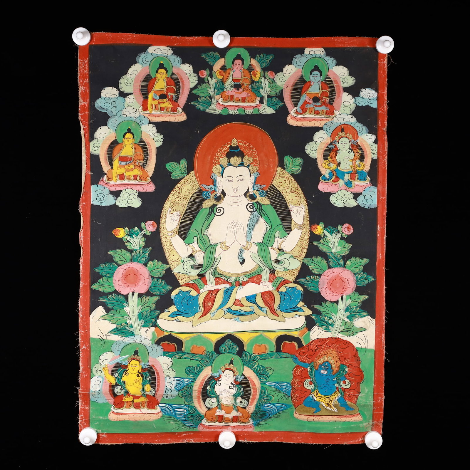 A Rare Painted Color Statue of Four-Armed Guanyin Tangka - 2
