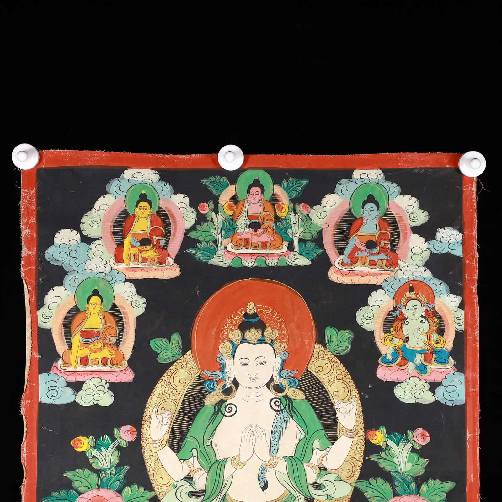 A Rare Painted Color Statue of Four-Armed Guanyin Tangka - 3