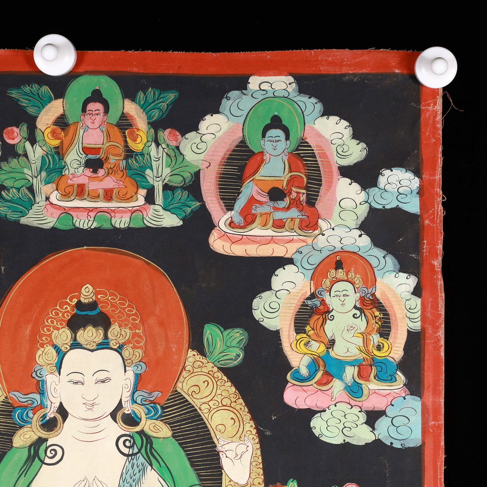 A Rare Painted Color Statue of Four-Armed Guanyin Tangka - 5
