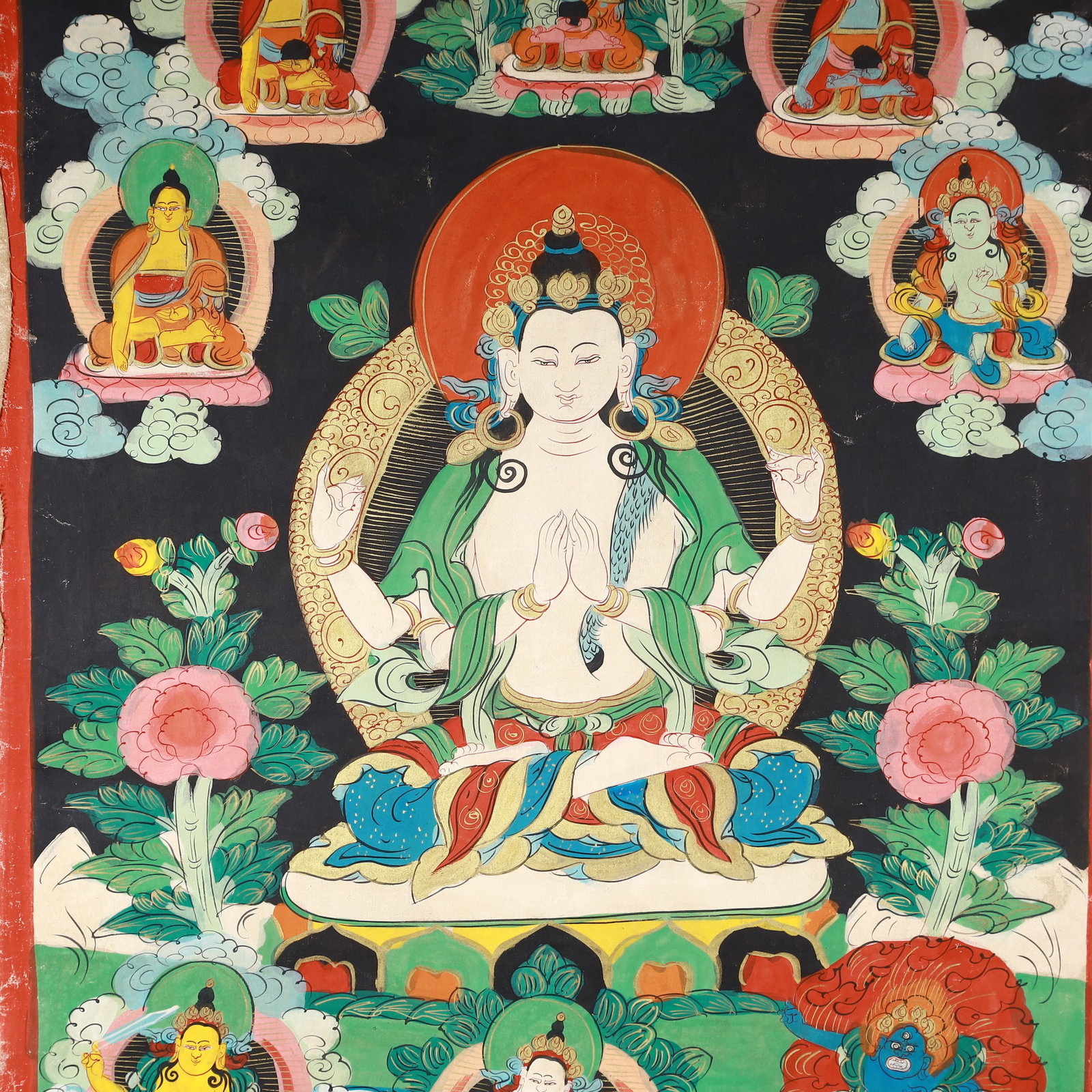 A Rare Painted Color Statue of Four-Armed Guanyin Tangka - 6