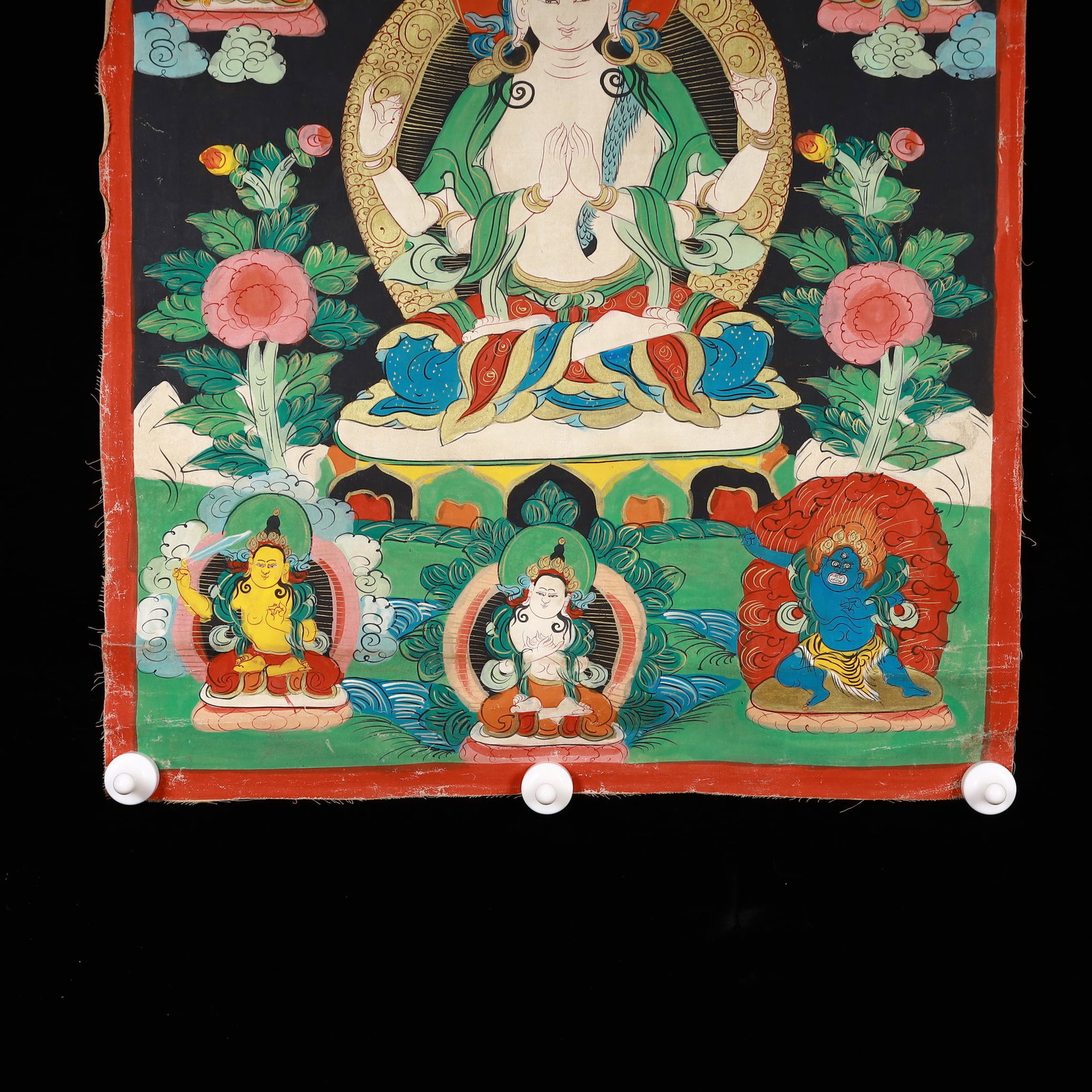 A Rare Painted Color Statue of Four-Armed Guanyin Tangka - 7