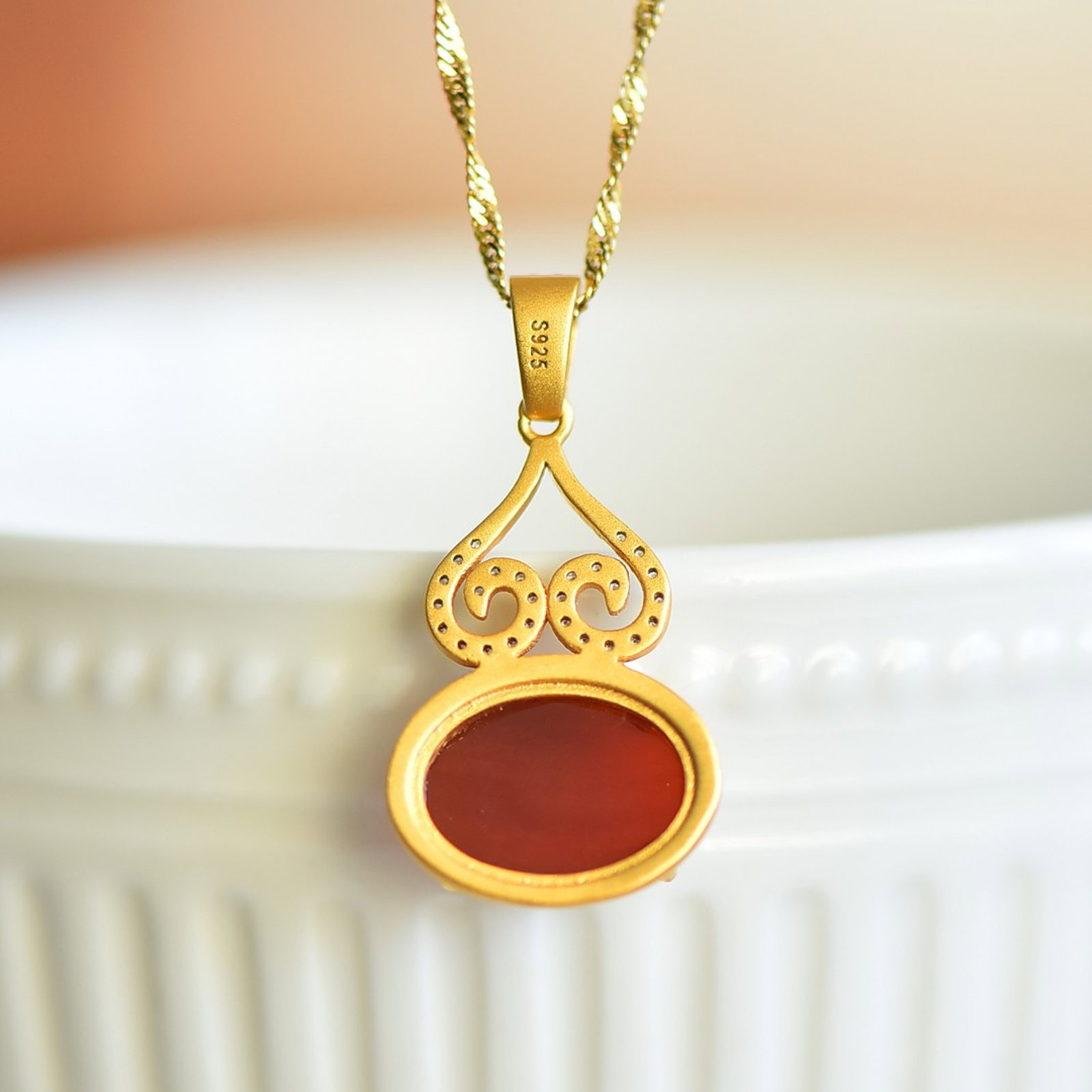 An Exquisite Sterling Silver-Gold Plated Inlaid Agate Pendant,Inlaid Diamond - 5