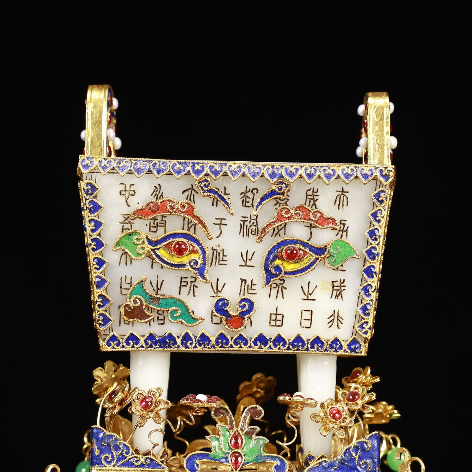An Exquisite Filigree and Gilding Inlaid White Jade Double-Ears Four Legs Ding,Inlaid Gems - 2