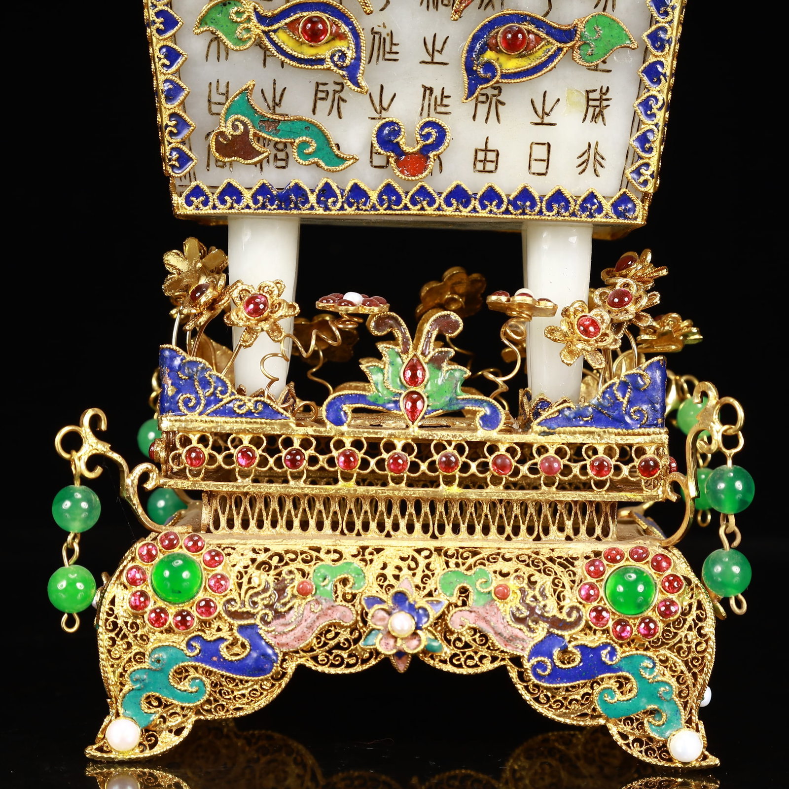 An Exquisite Filigree and Gilding Inlaid White Jade Double-Ears Four Legs Ding,Inlaid Gems - 3