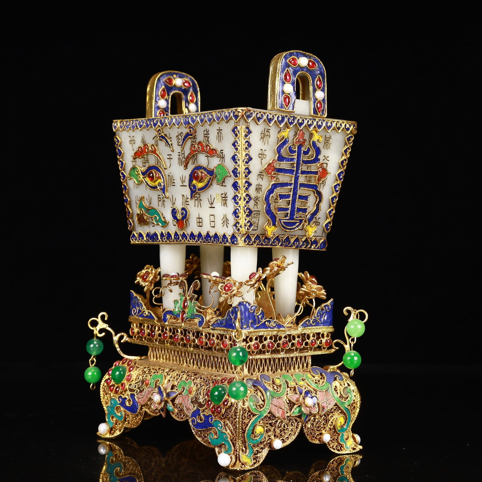 An Exquisite Filigree and Gilding Inlaid White Jade Double-Ears Four Legs Ding,Inlaid Gems - 4
