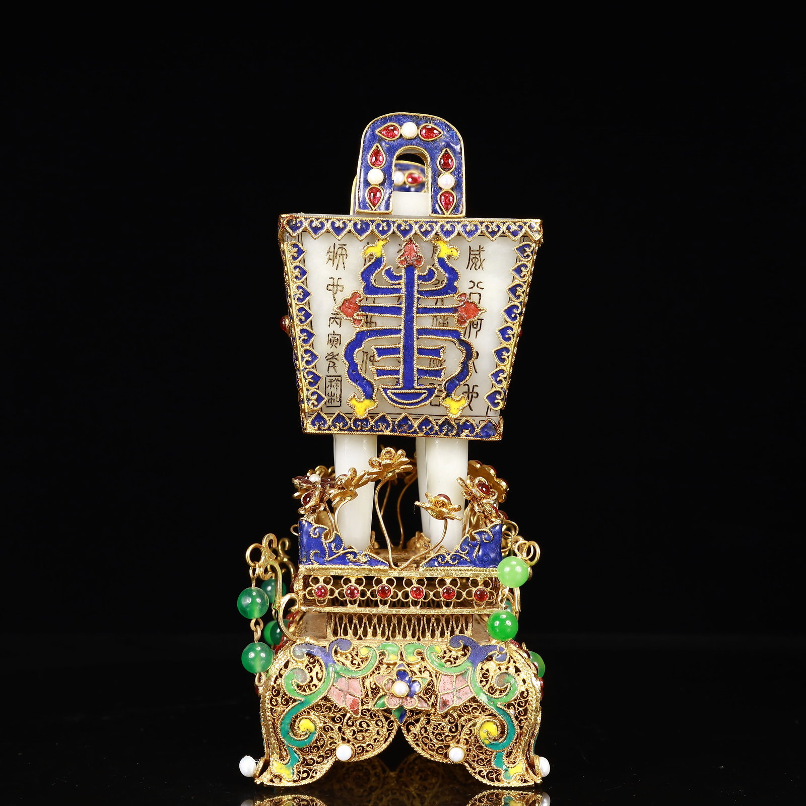 An Exquisite Filigree and Gilding Inlaid White Jade Double-Ears Four Legs Ding,Inlaid Gems - 5