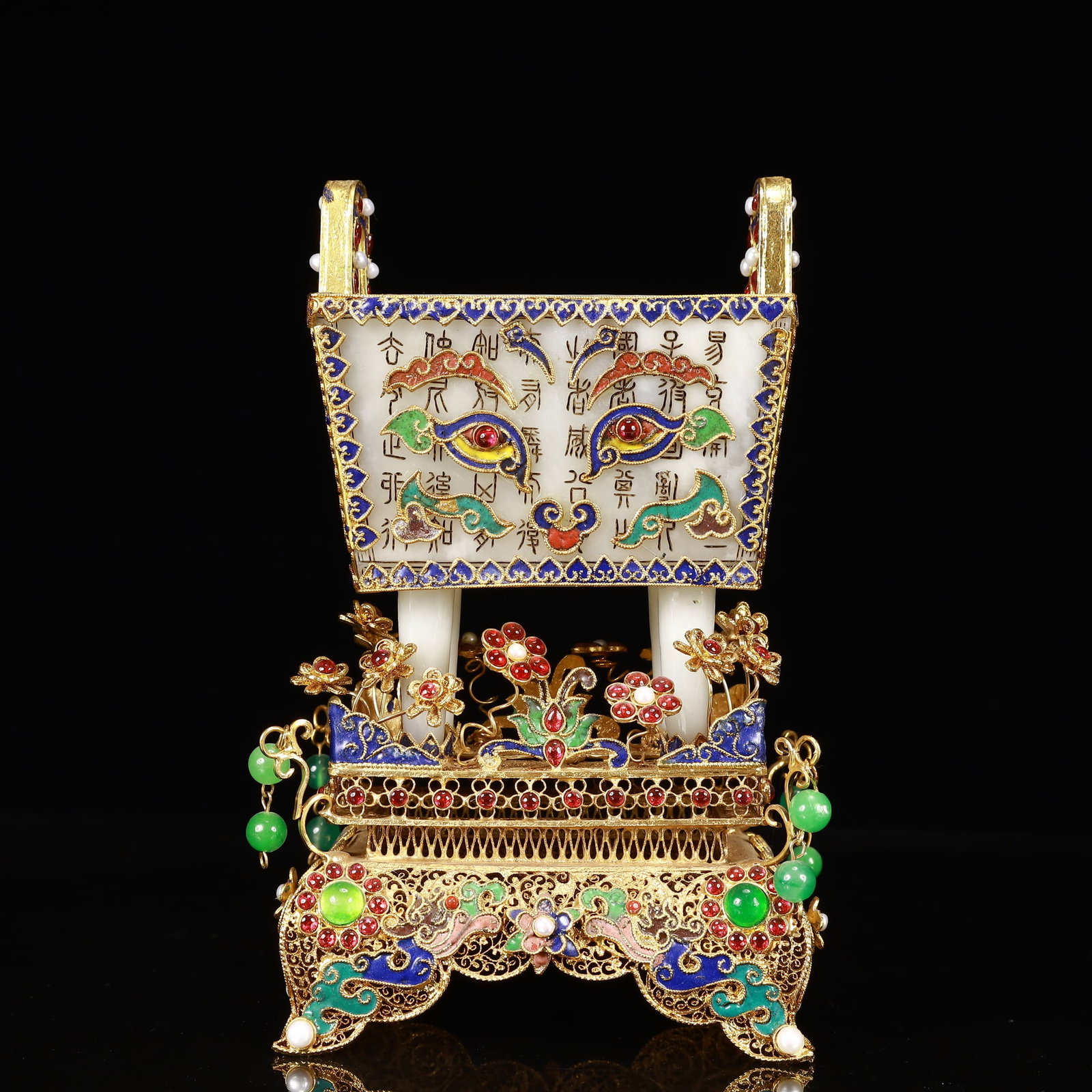 An Exquisite Filigree and Gilding Inlaid White Jade Double-Ears Four Legs Ding,Inlaid Gems - 6