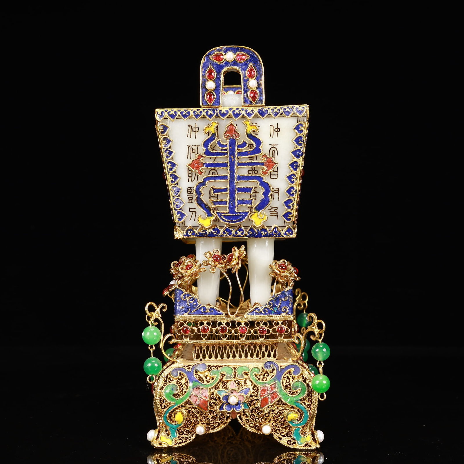 An Exquisite Filigree and Gilding Inlaid White Jade Double-Ears Four Legs Ding,Inlaid Gems - 7