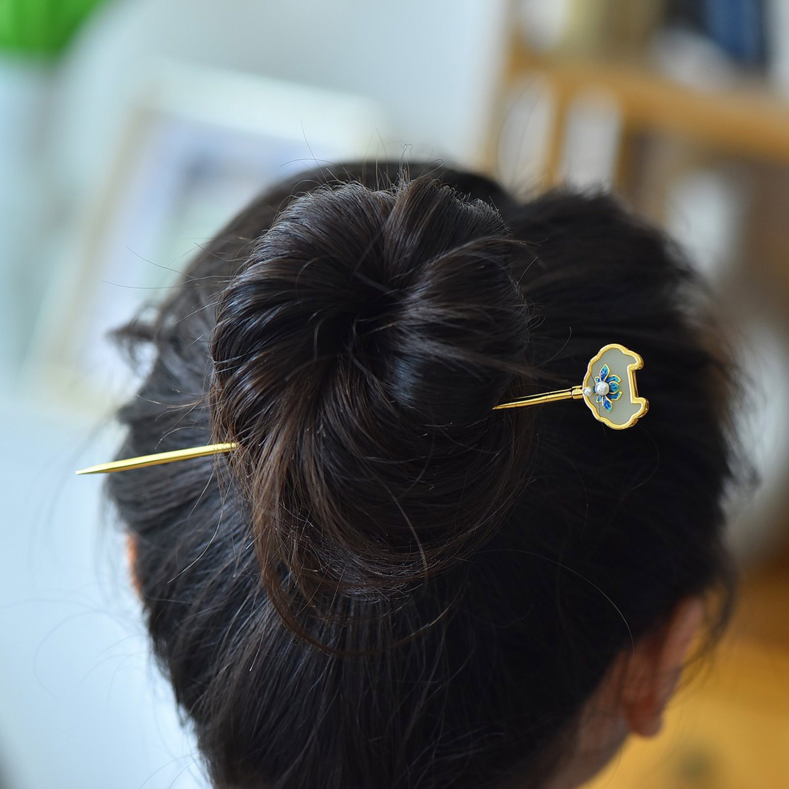 An Exquisite Sterling Silver-Gold Plated Inlaid White Jade Hairpin,Inlaid Pearls - 6
