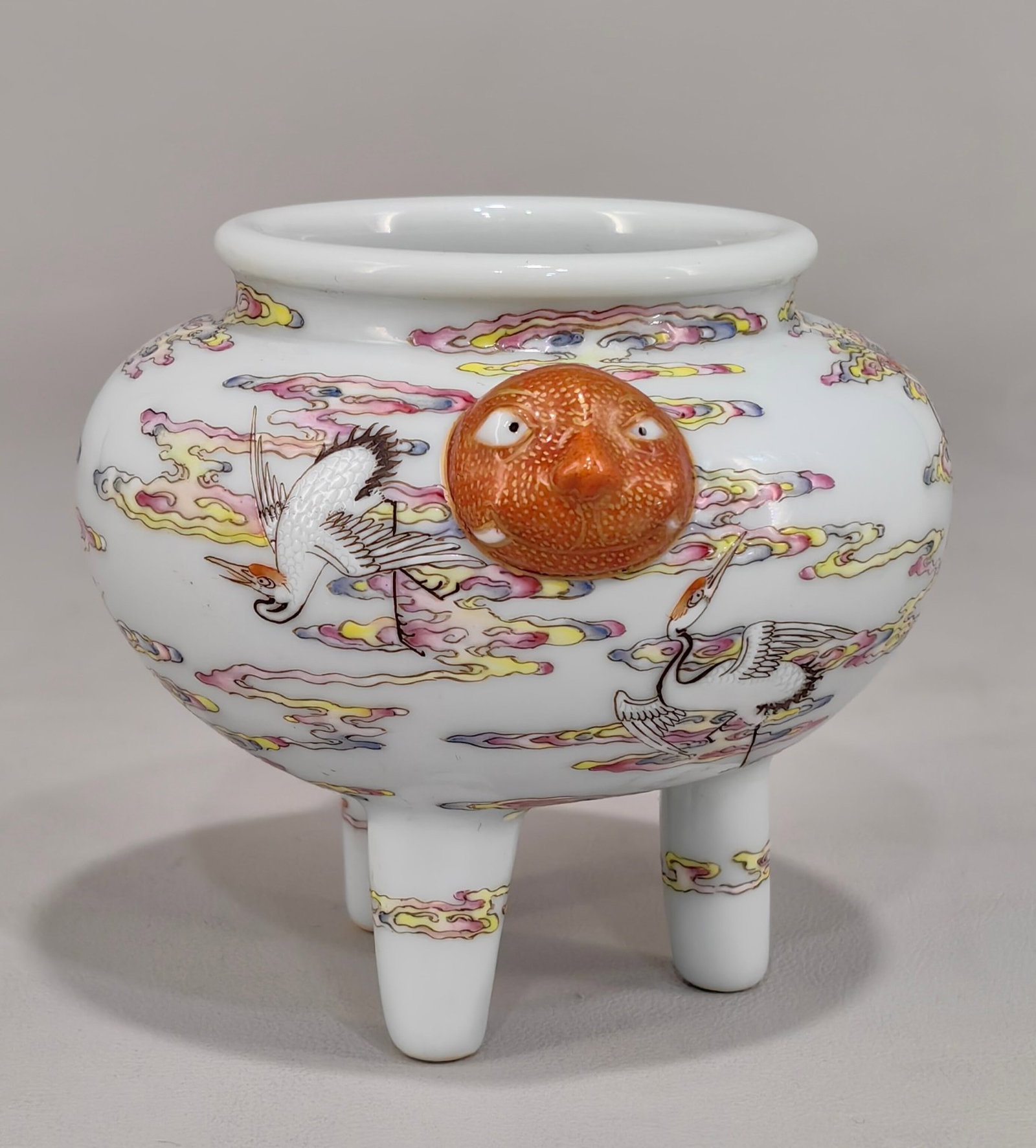 An Exquisite Famille-Rose Auspicious Cloud and Crane Pattern Beast-Ears Tripod Censer - 2