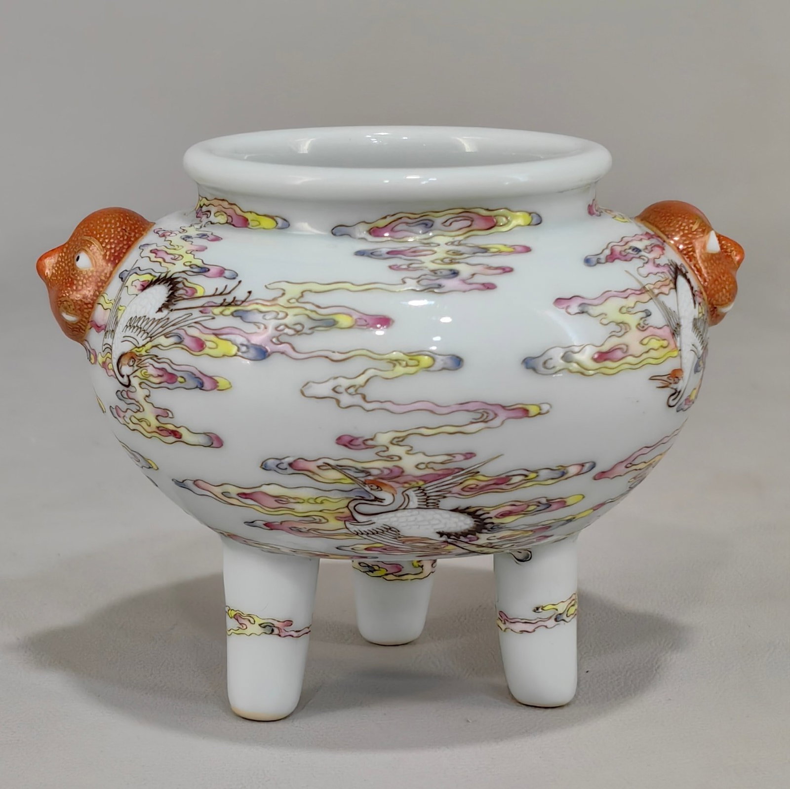 An Exquisite Famille-Rose Auspicious Cloud and Crane Pattern Beast-Ears Tripod Censer - 3