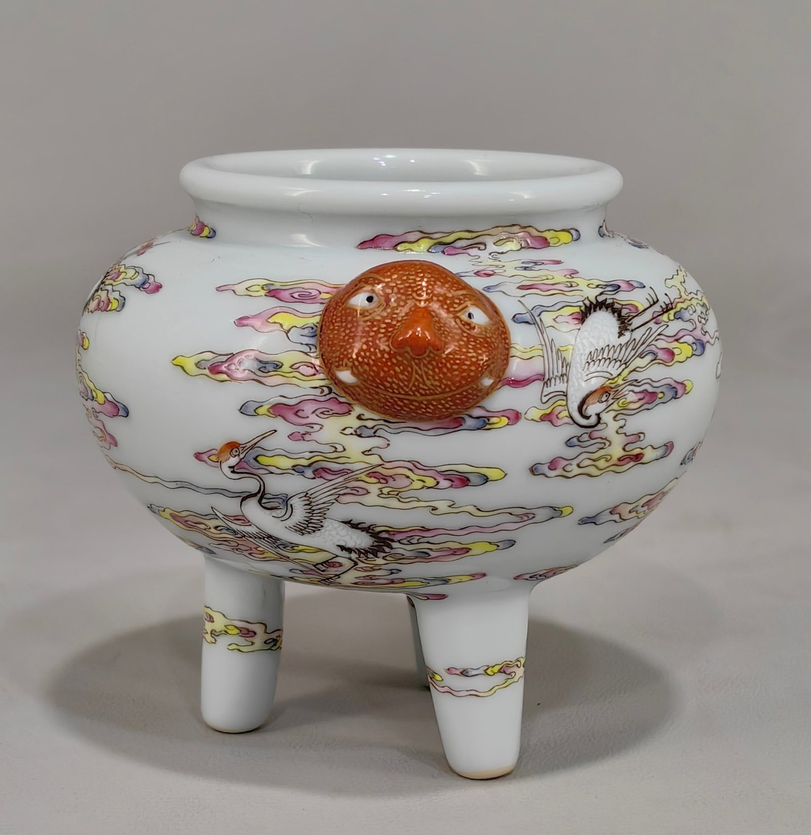 An Exquisite Famille-Rose Auspicious Cloud and Crane Pattern Beast-Ears Tripod Censer - 4