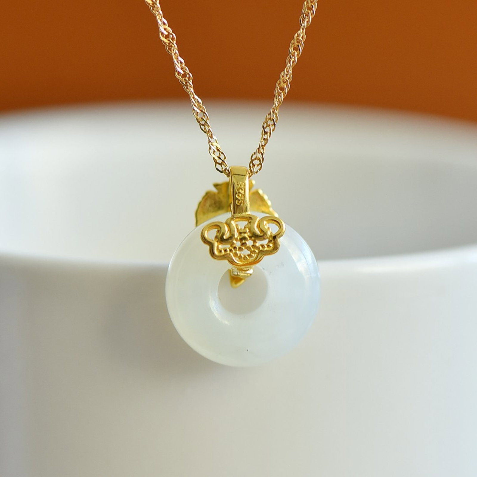 An Exquisite Sterling Silver-Gold Plated Inlaid White Jade Enamel Pendant - 3