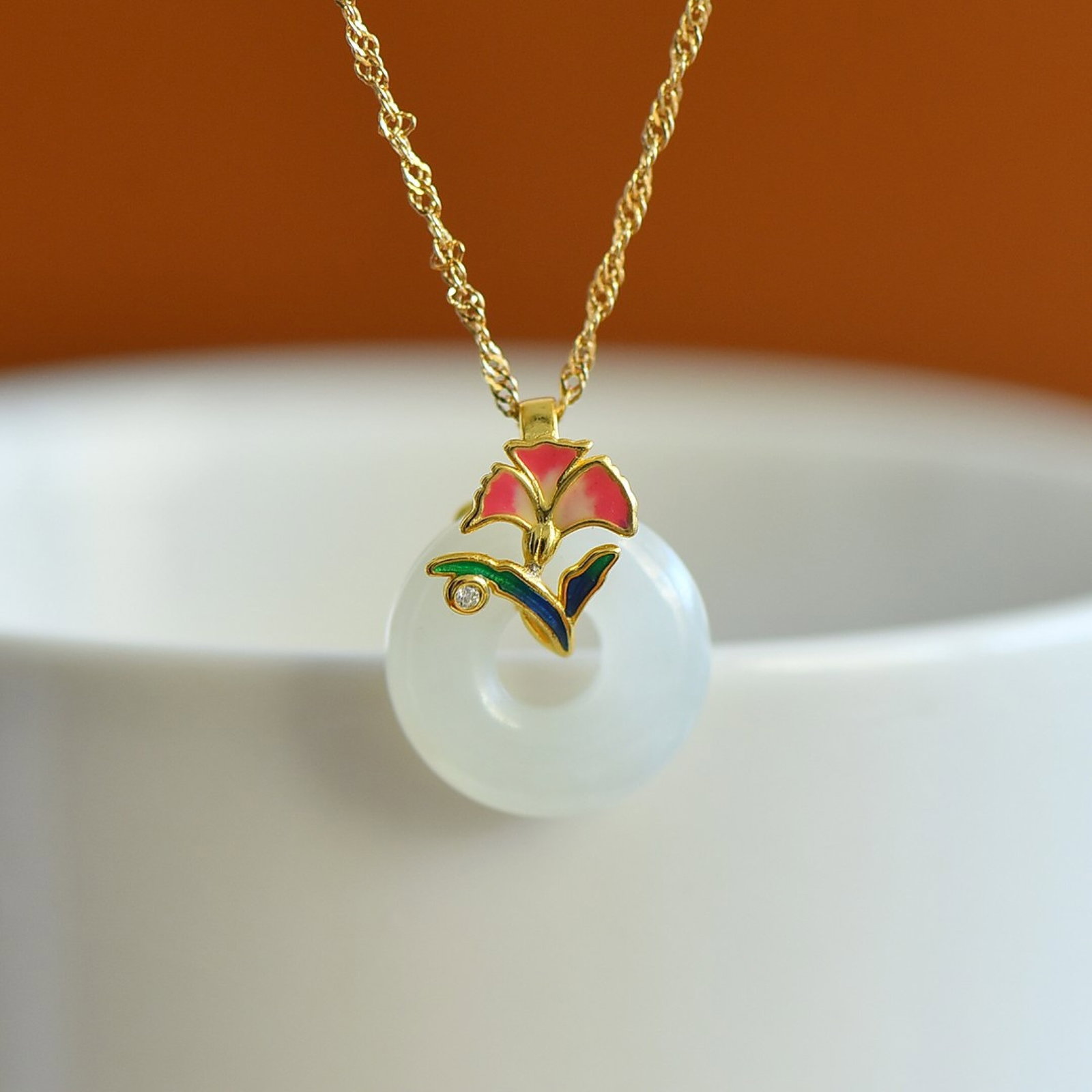 An Exquisite Sterling Silver-Gold Plated Inlaid White Jade Enamel Pendant - 4