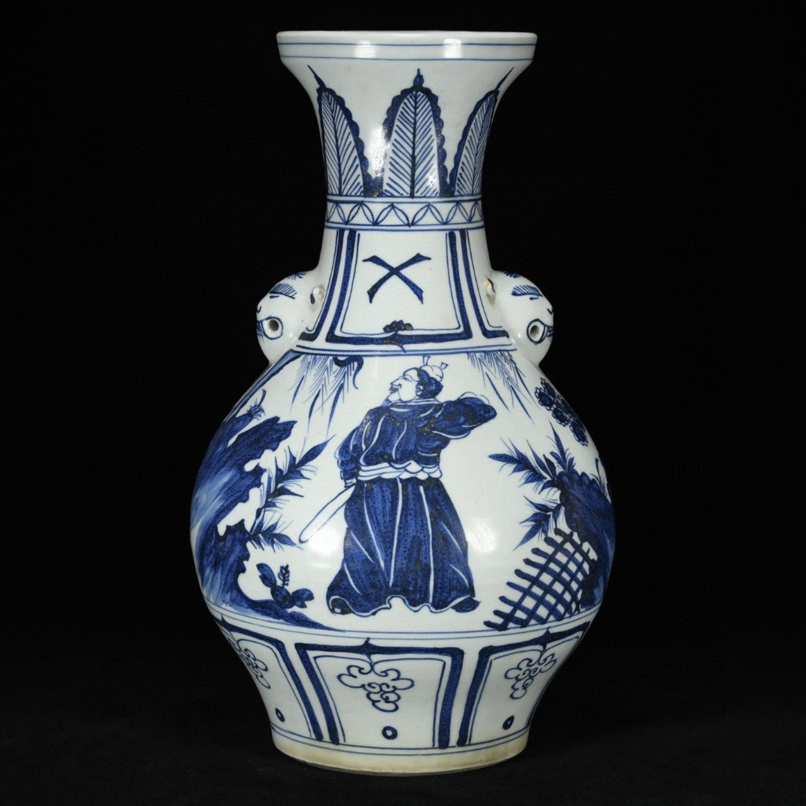 A Rare Blue and White Figure Pattern Beast-Ears Vase - 3
