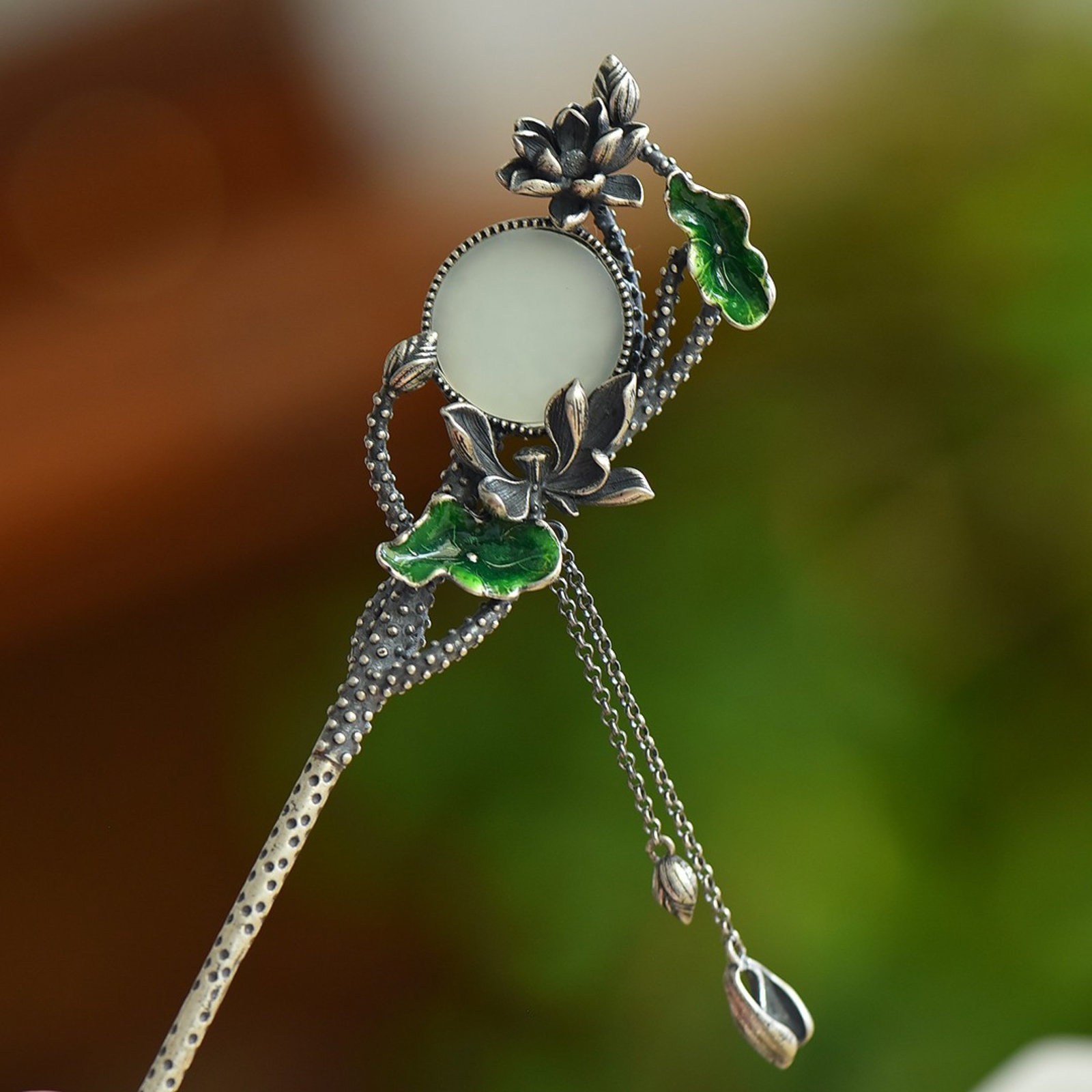 An Exquisite Sterling Silver Inlaid White Jade Enamel Hairpin - 2