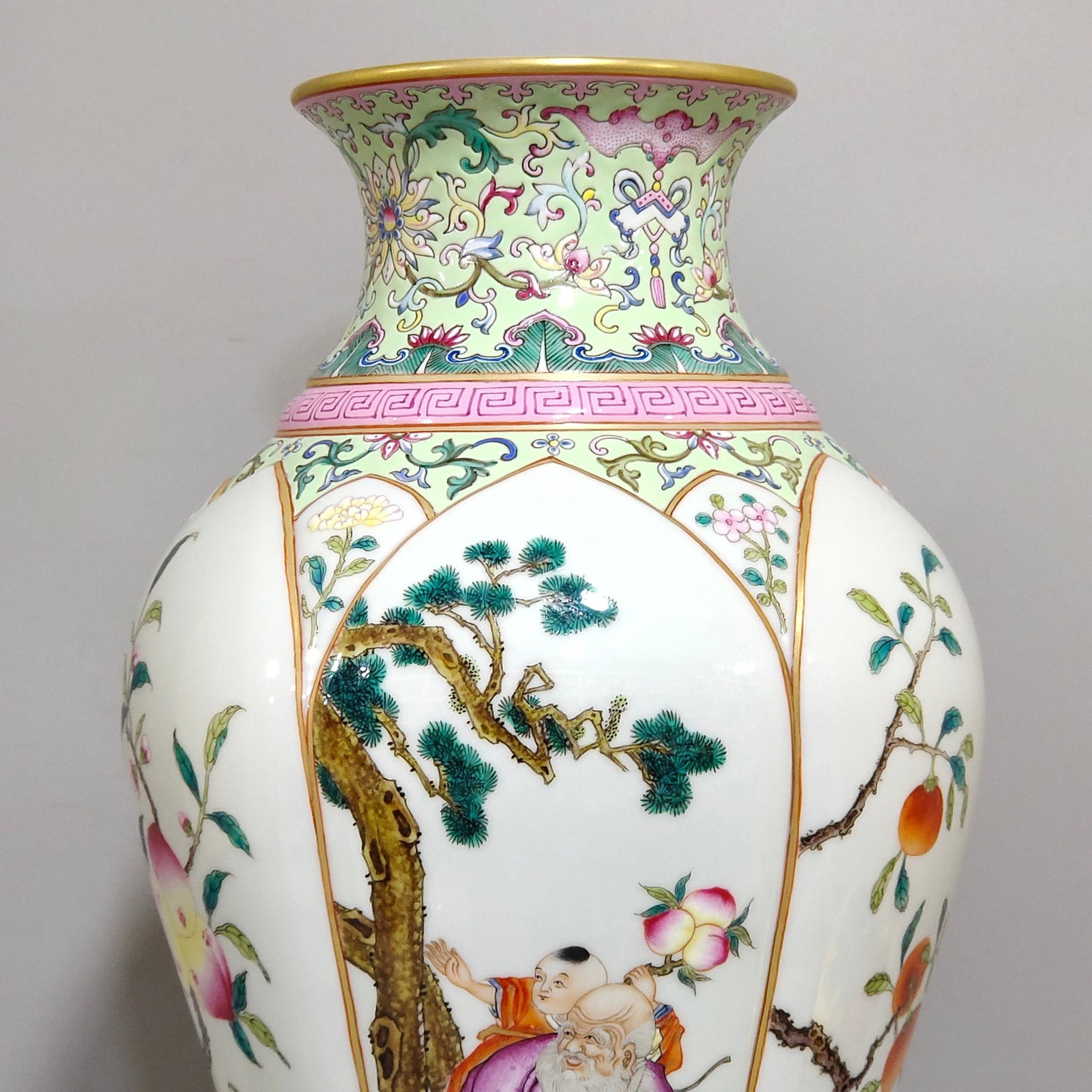 A Pair of Rare Famille-Rose Painted Gold Figure and Fruit Pattern Vases - 5