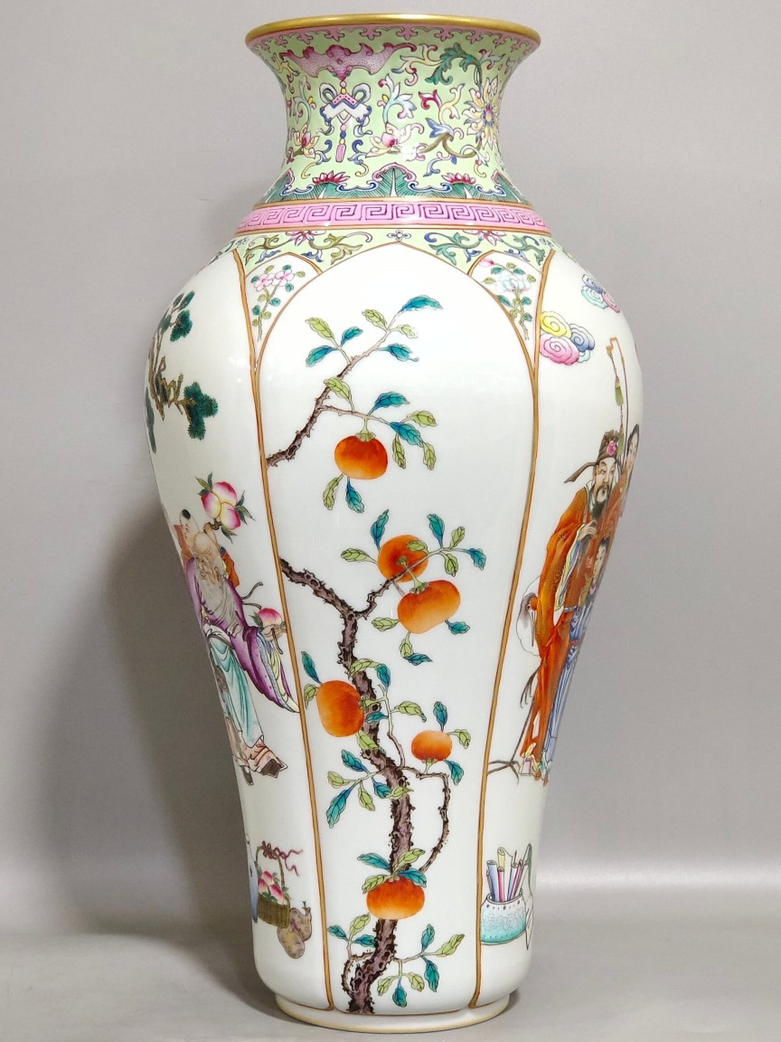 A Pair of Rare Famille-Rose Painted Gold Figure and Fruit Pattern Vases - 6