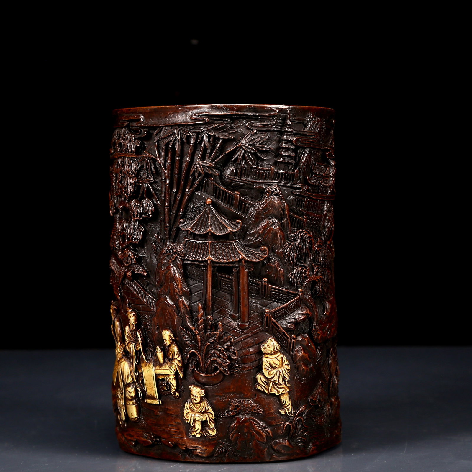 An Exquisite Gilt Bronze Character and Story Pattern Brush Pot - 5