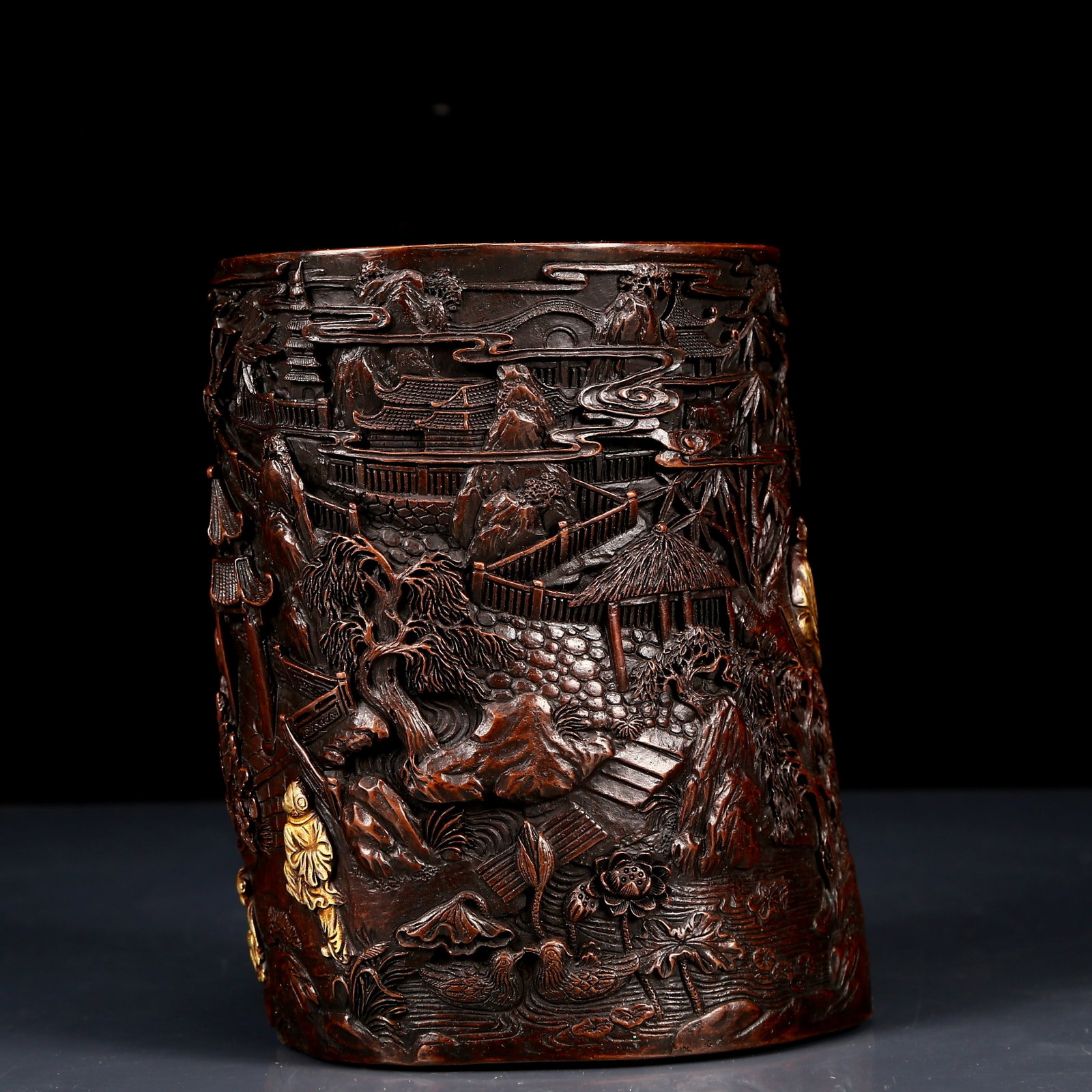 An Exquisite Gilt Bronze Character and Story Pattern Brush Pot - 6