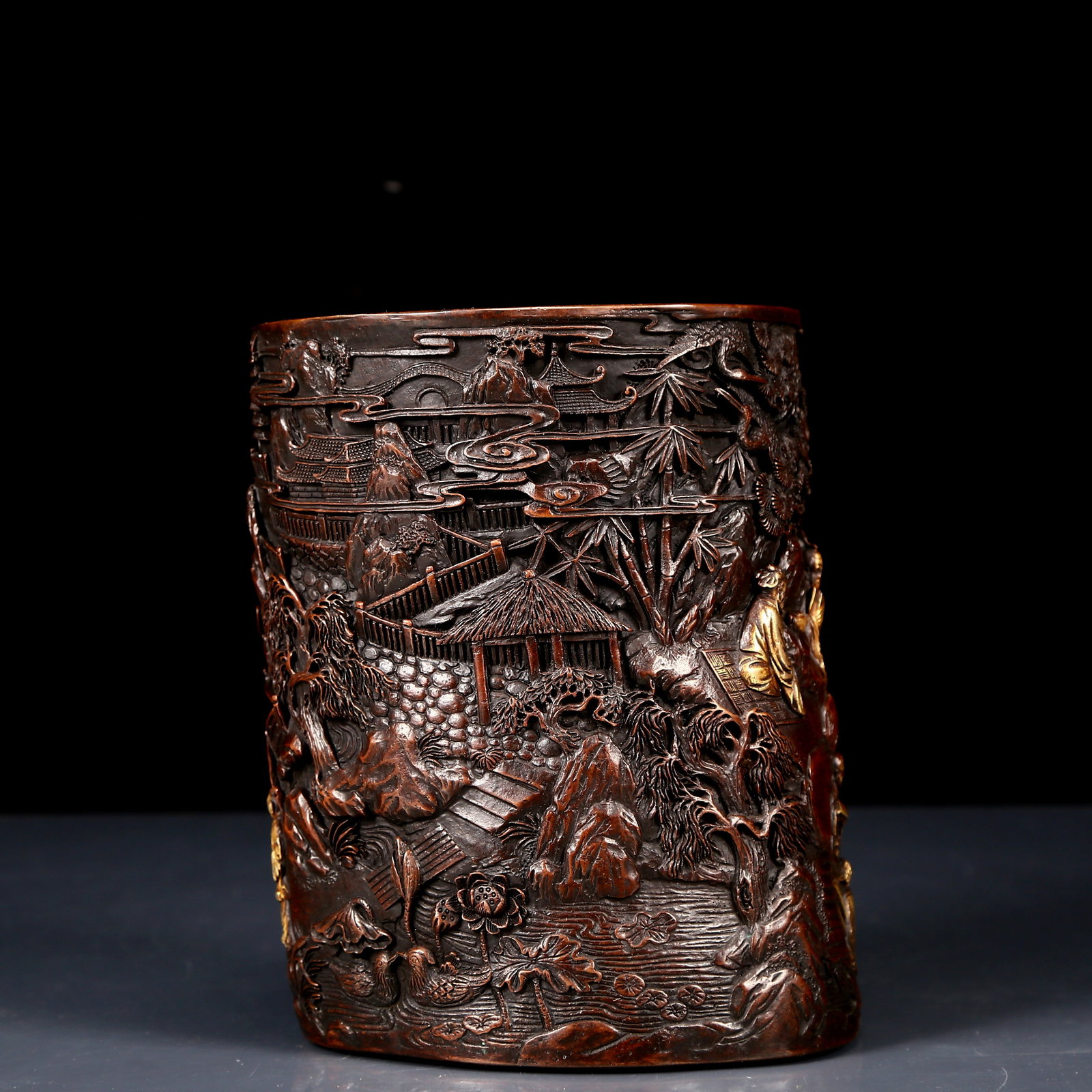 An Exquisite Gilt Bronze Character and Story Pattern Brush Pot - 7