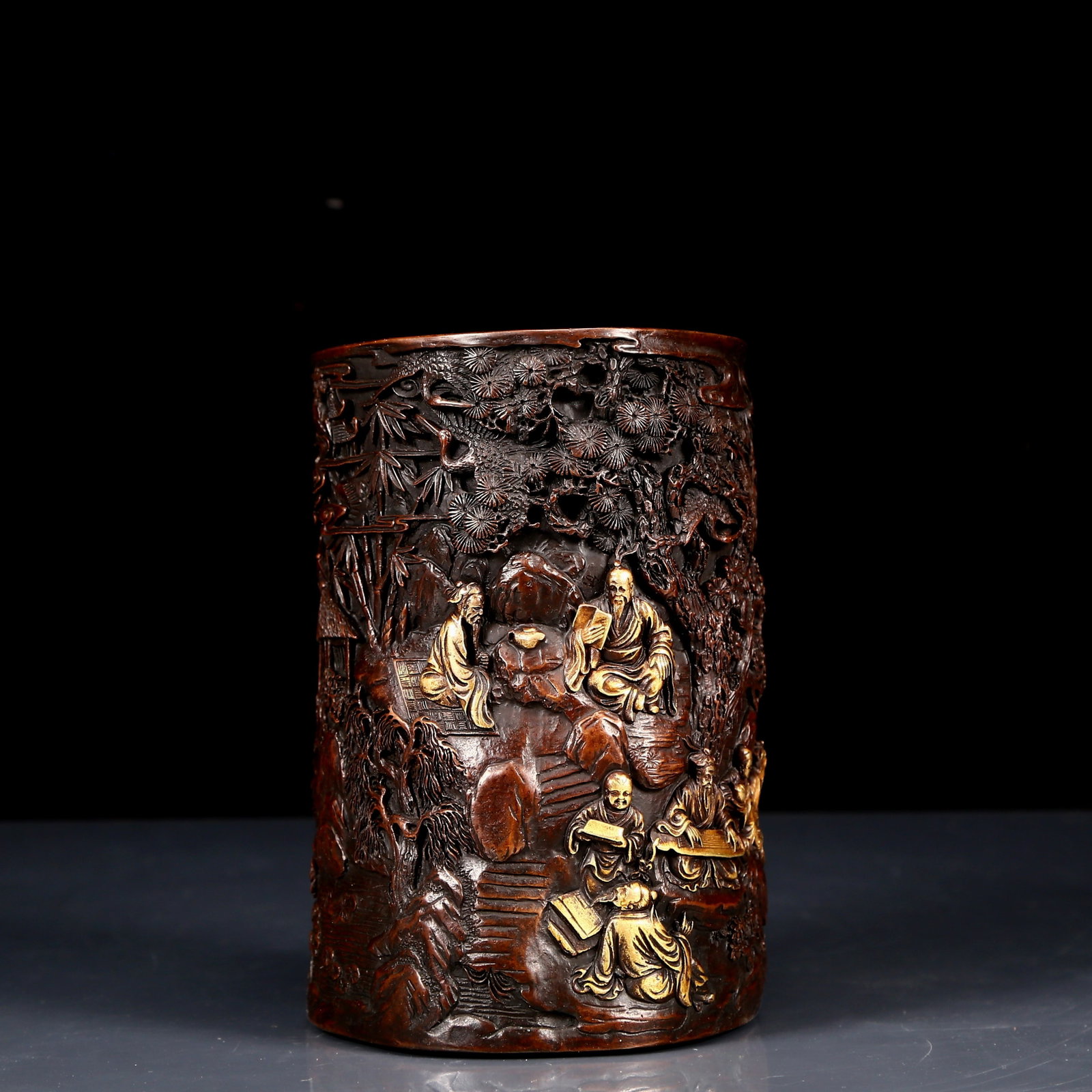 An Exquisite Gilt Bronze Character and Story Pattern Brush Pot - 8