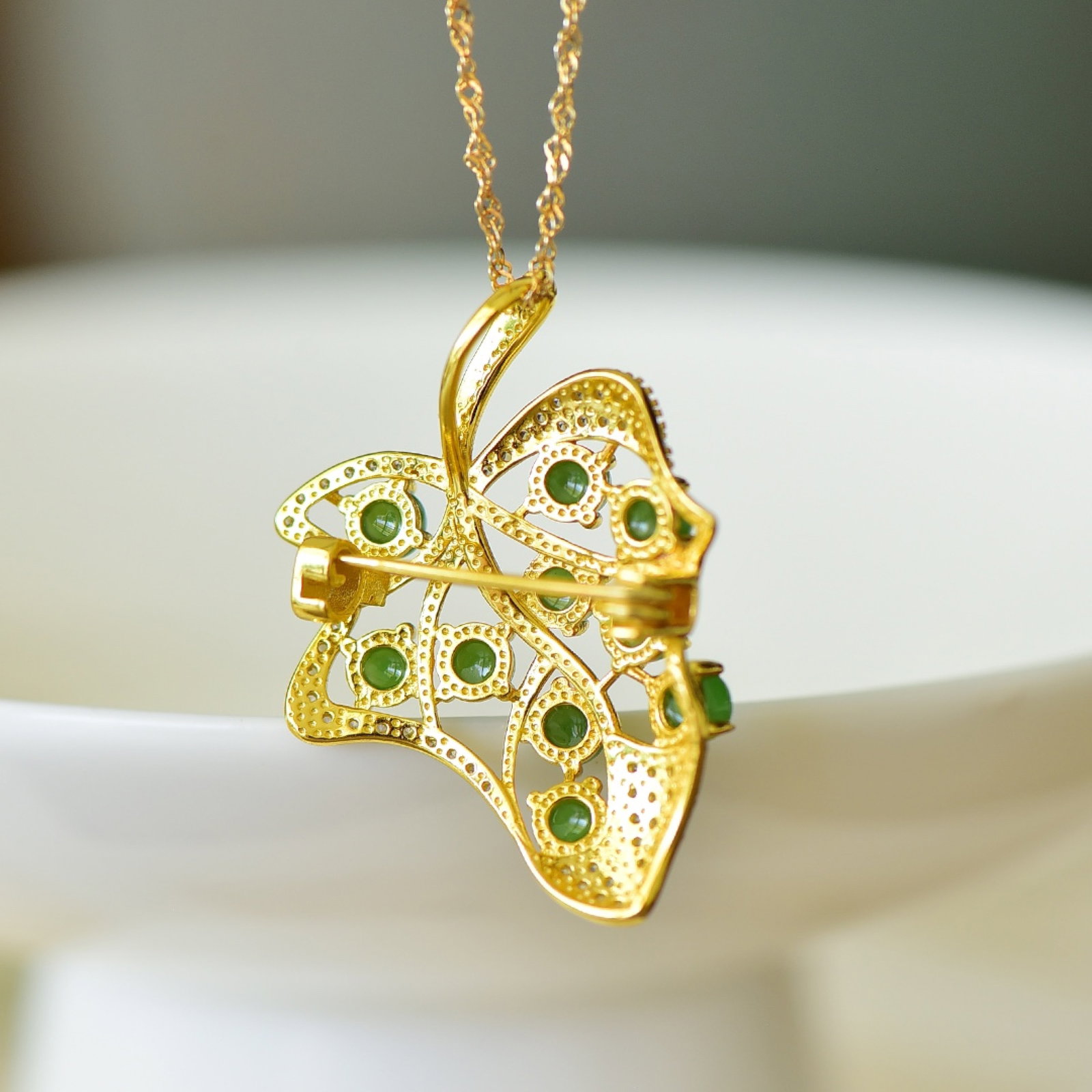 An Exquisite Sterling Silver-Gold Plated Inlaid Jasper Pendant,Inlaid Diamond - 5