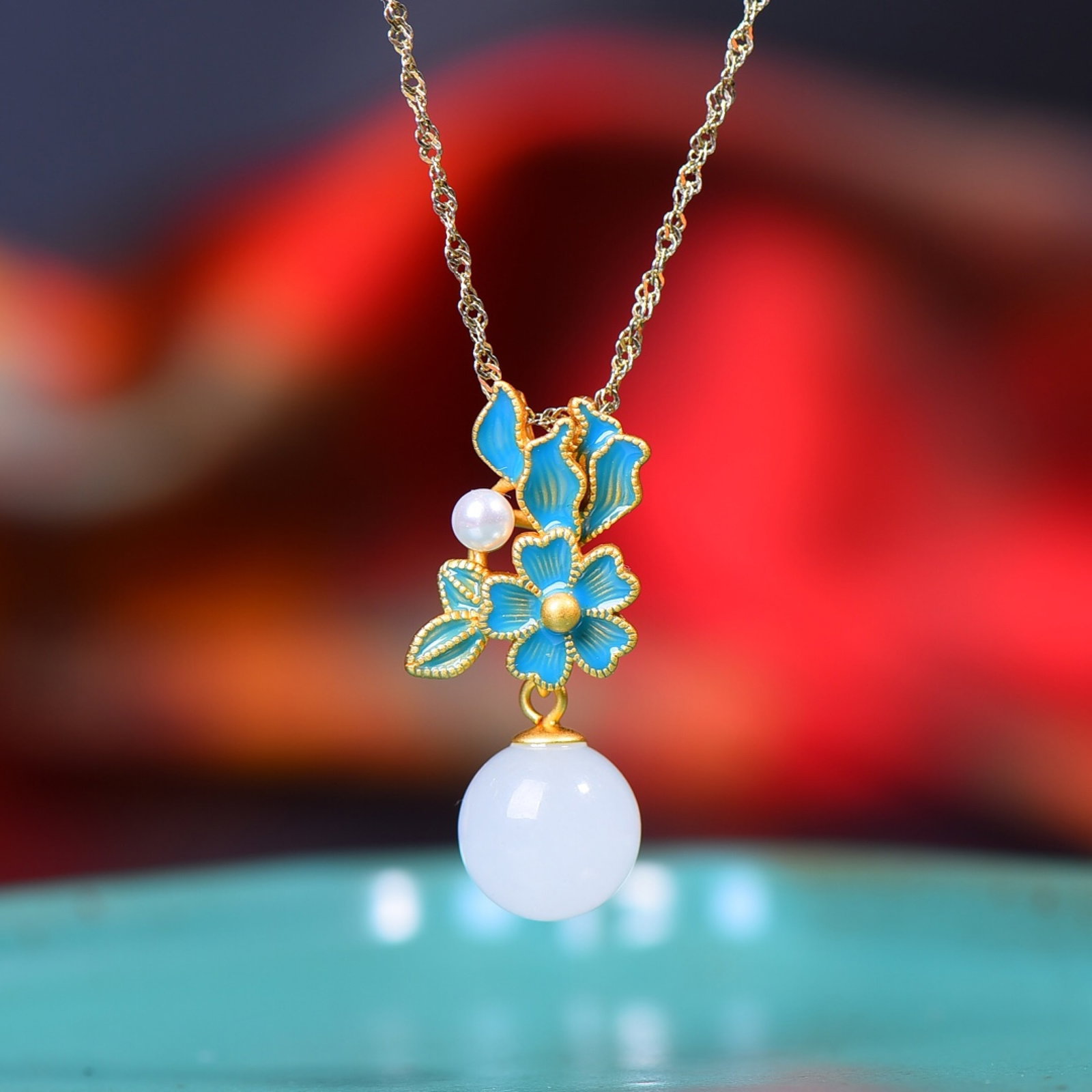A Set of Fine Sterling Silver-Gold Plated Inlaid White Jade Enamel Jewelrys,Inlaid Pearls - 2