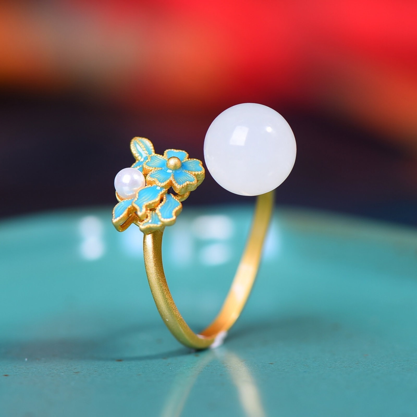 A Set of Fine Sterling Silver-Gold Plated Inlaid White Jade Enamel Jewelrys,Inlaid Pearls - 3
