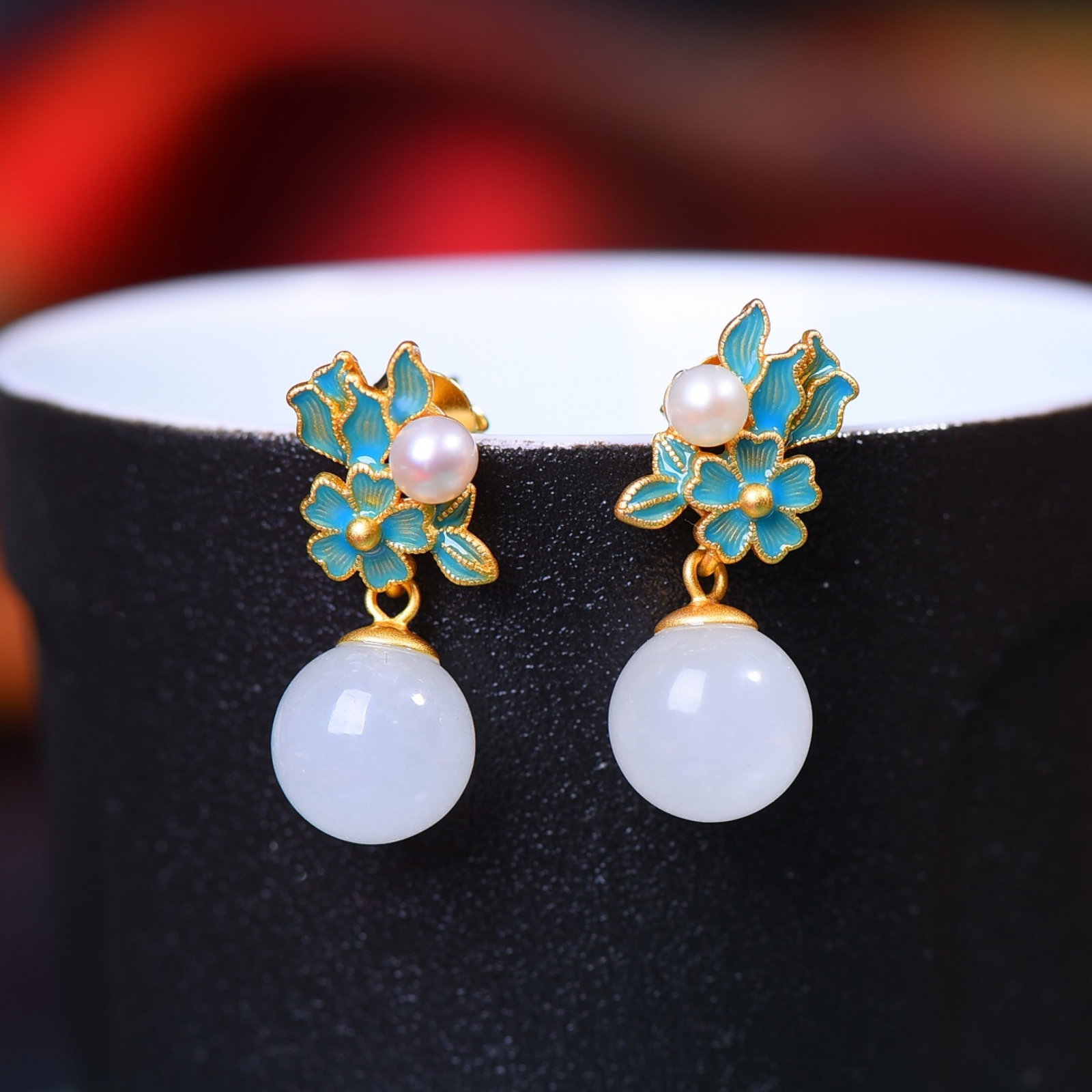 A Set of Fine Sterling Silver-Gold Plated Inlaid White Jade Enamel Jewelrys,Inlaid Pearls - 4