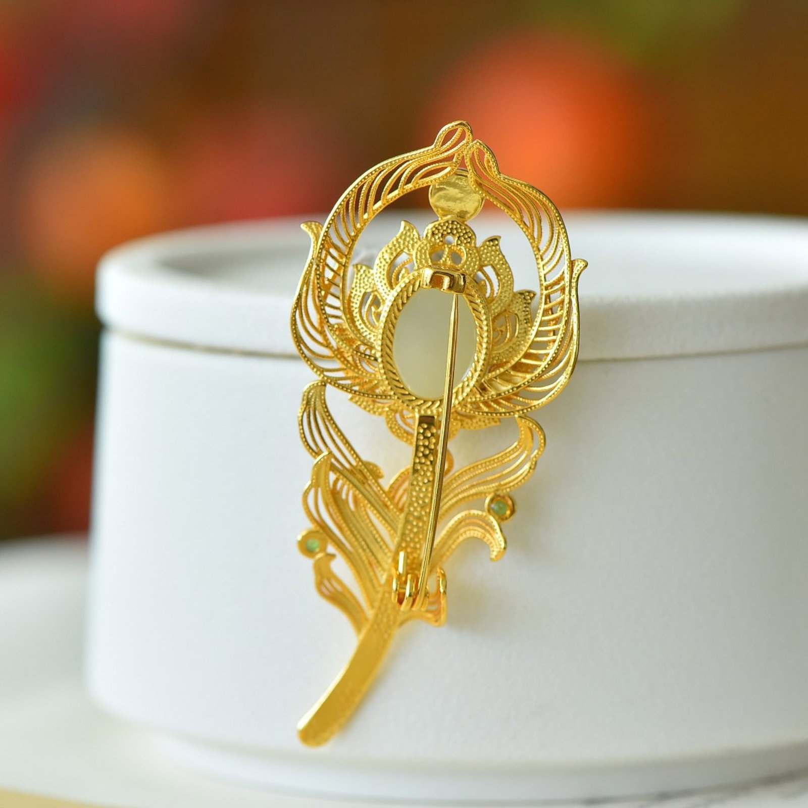An Exquisite Sterling Silver-Gold Plated Inlaid White Jade Brooch - 5