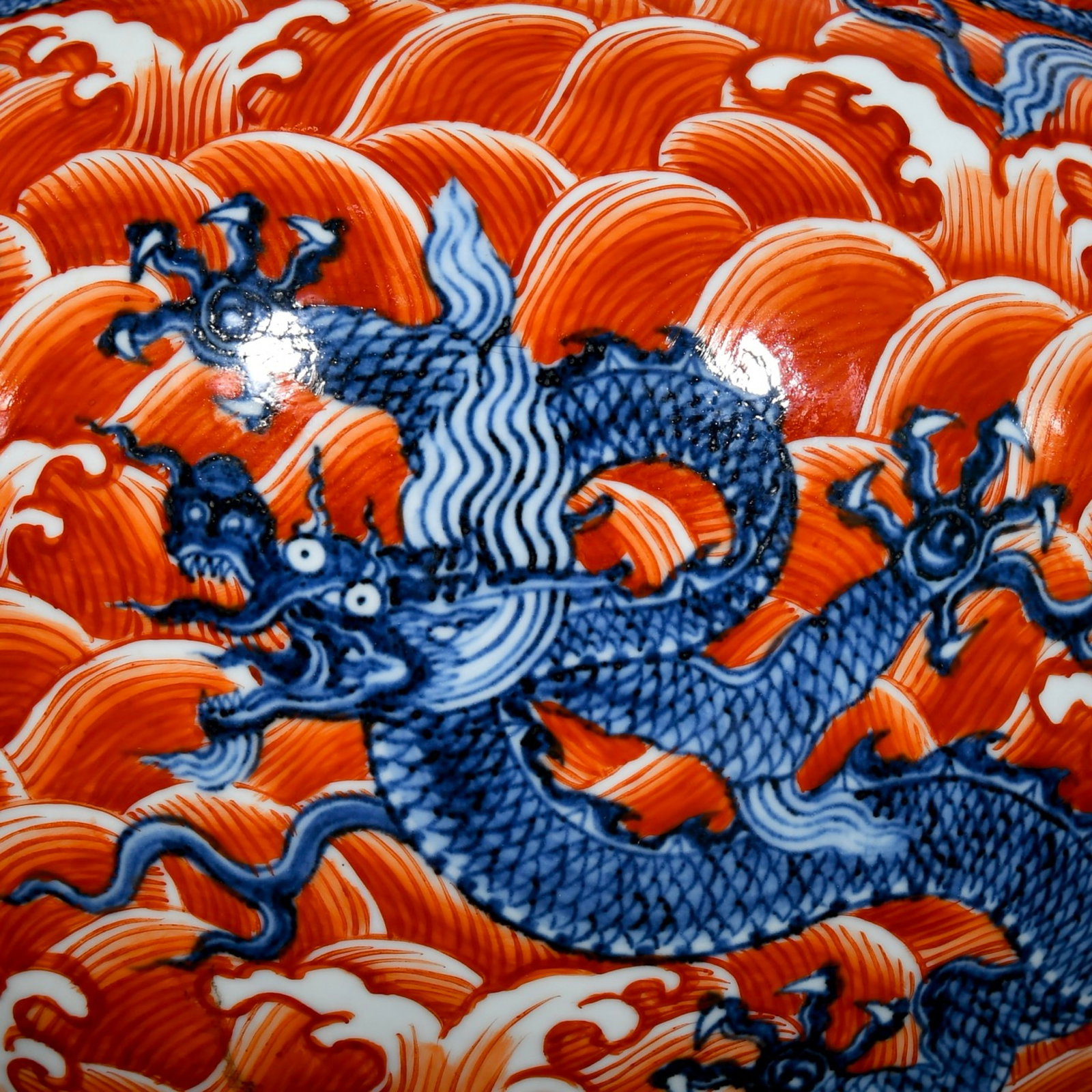 A Huge Blue and White Iron-Red Seawater and Dragon Pattern Vase - 8