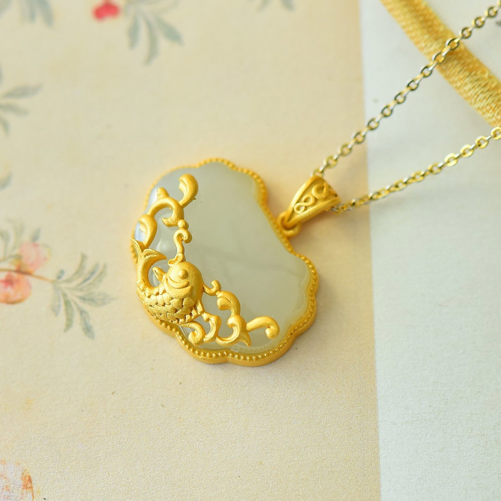 An Exquisite Sterling Silver-Gold Plated Inlaid White Jade Pendant - 2