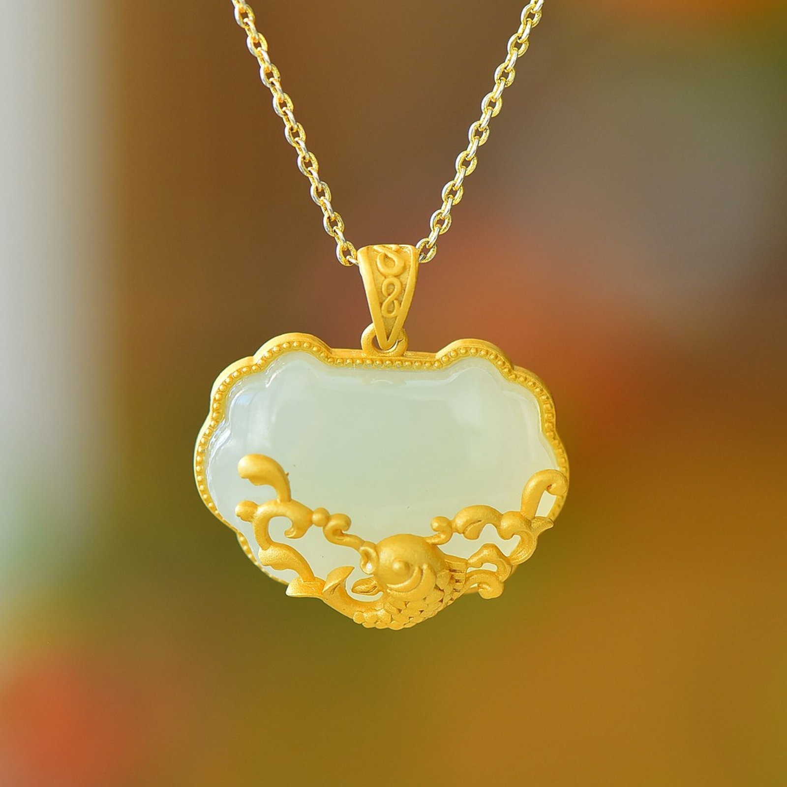 An Exquisite Sterling Silver-Gold Plated Inlaid White Jade Pendant - 3