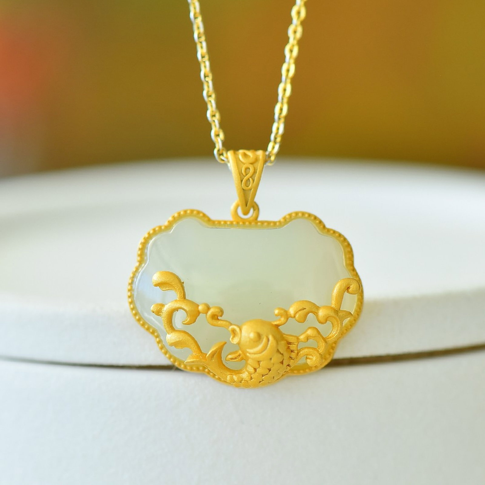 An Exquisite Sterling Silver-Gold Plated Inlaid White Jade Pendant - 4