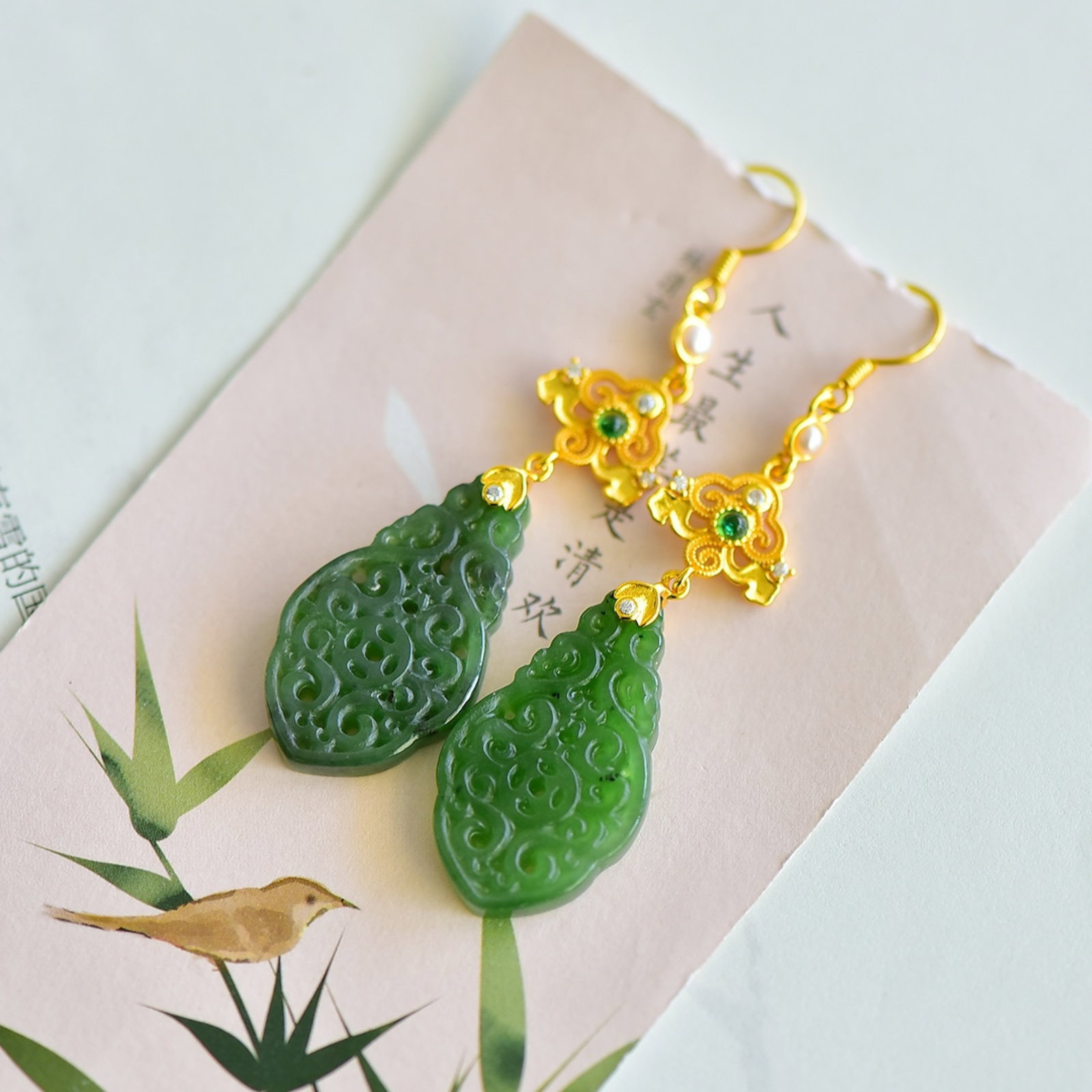 A Pair of Exquisite Sterling Silver-Gold Plated Inlaid Jasper Earrings,Inlaid Pearls - 3