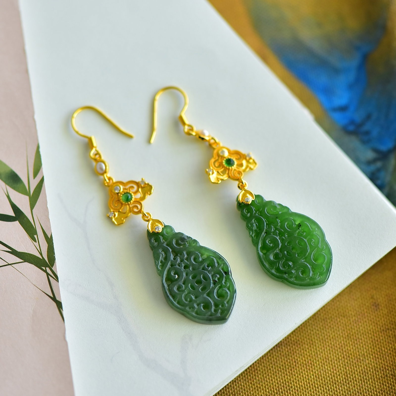 A Pair of Exquisite Sterling Silver-Gold Plated Inlaid Jasper Earrings,Inlaid Pearls - 4