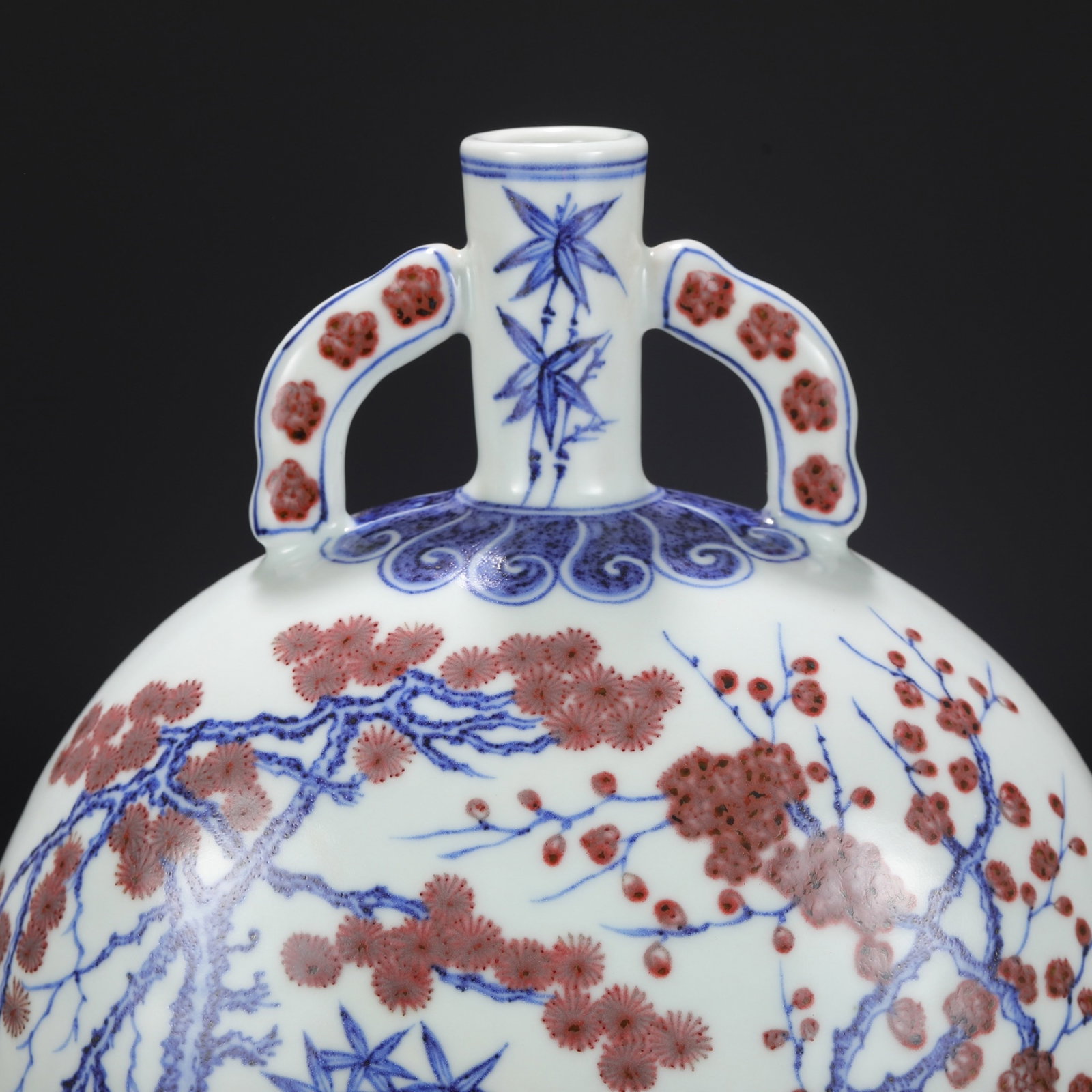 An Exquisite Blue and White Underglaze-Red Pine,Bamboo and Plum Blossom Pattern Double-Ears Vase - 3