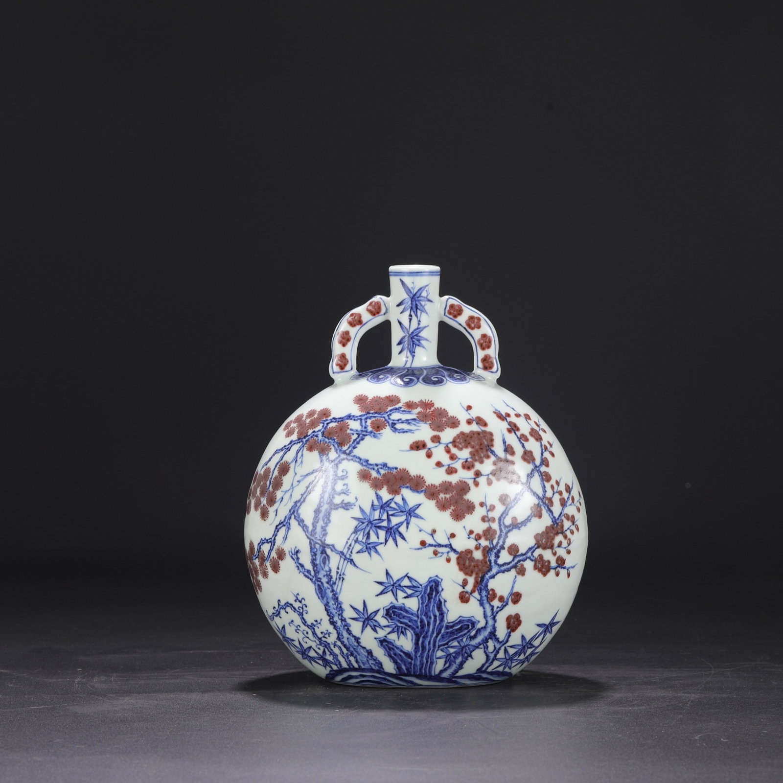 An Exquisite Blue and White Underglaze-Red Pine,Bamboo and Plum Blossom Pattern Double-Ears Vase - 6