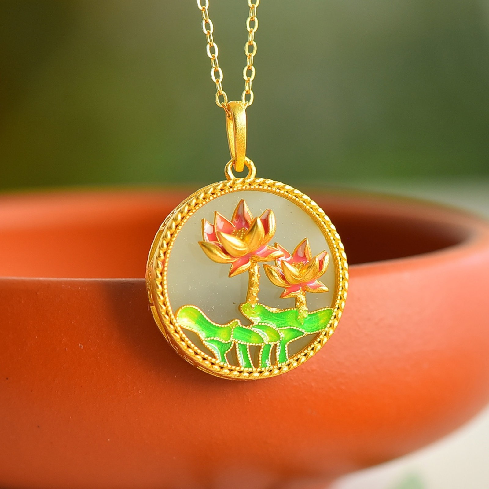 An Exquisite Sterling Silver-Gold Plated Inlaid White Jade Enamel Pendant - 2