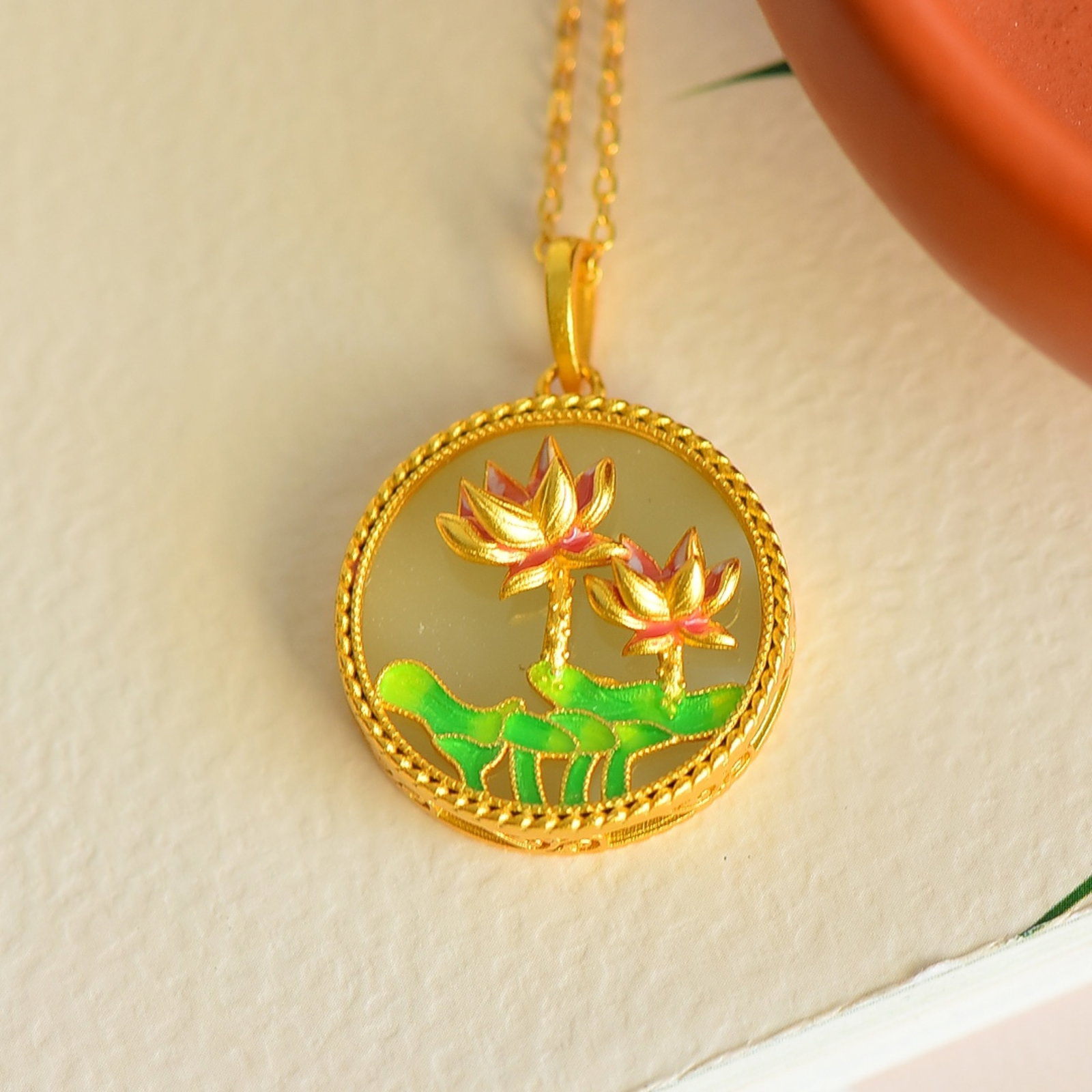 An Exquisite Sterling Silver-Gold Plated Inlaid White Jade Enamel Pendant - 4