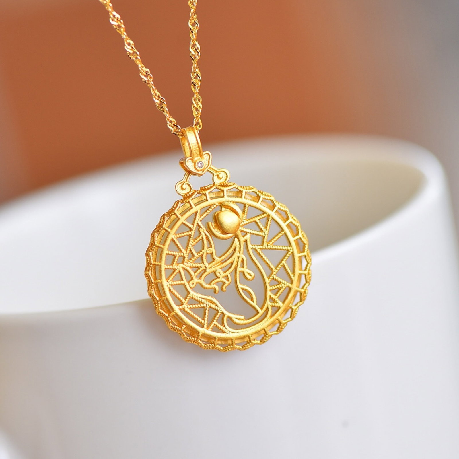 A Set of Fine Sterling Silver-Gold Plated Inlaid White Jade Jewelries - 4