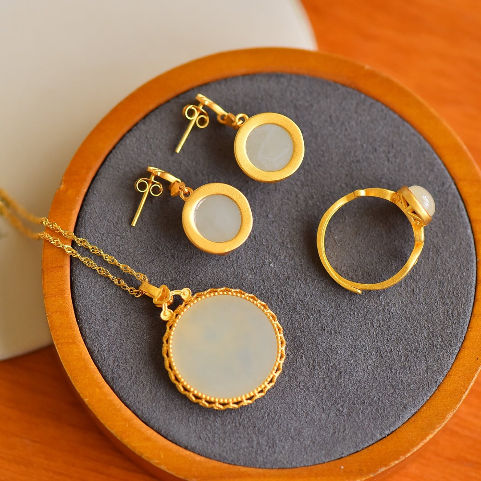 A Set of Fine Sterling Silver-Gold Plated Inlaid White Jade Jewelries - 5