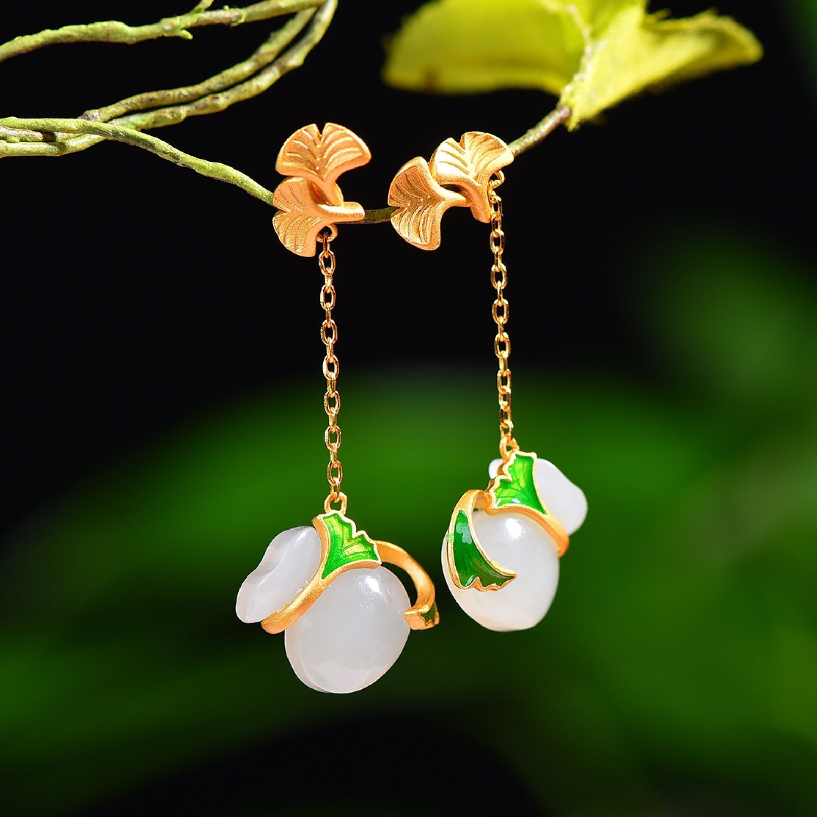 A Set of Fine Sterling Silver-Gold Plated Inlaid White Jade Enamel Jewelrys - 4
